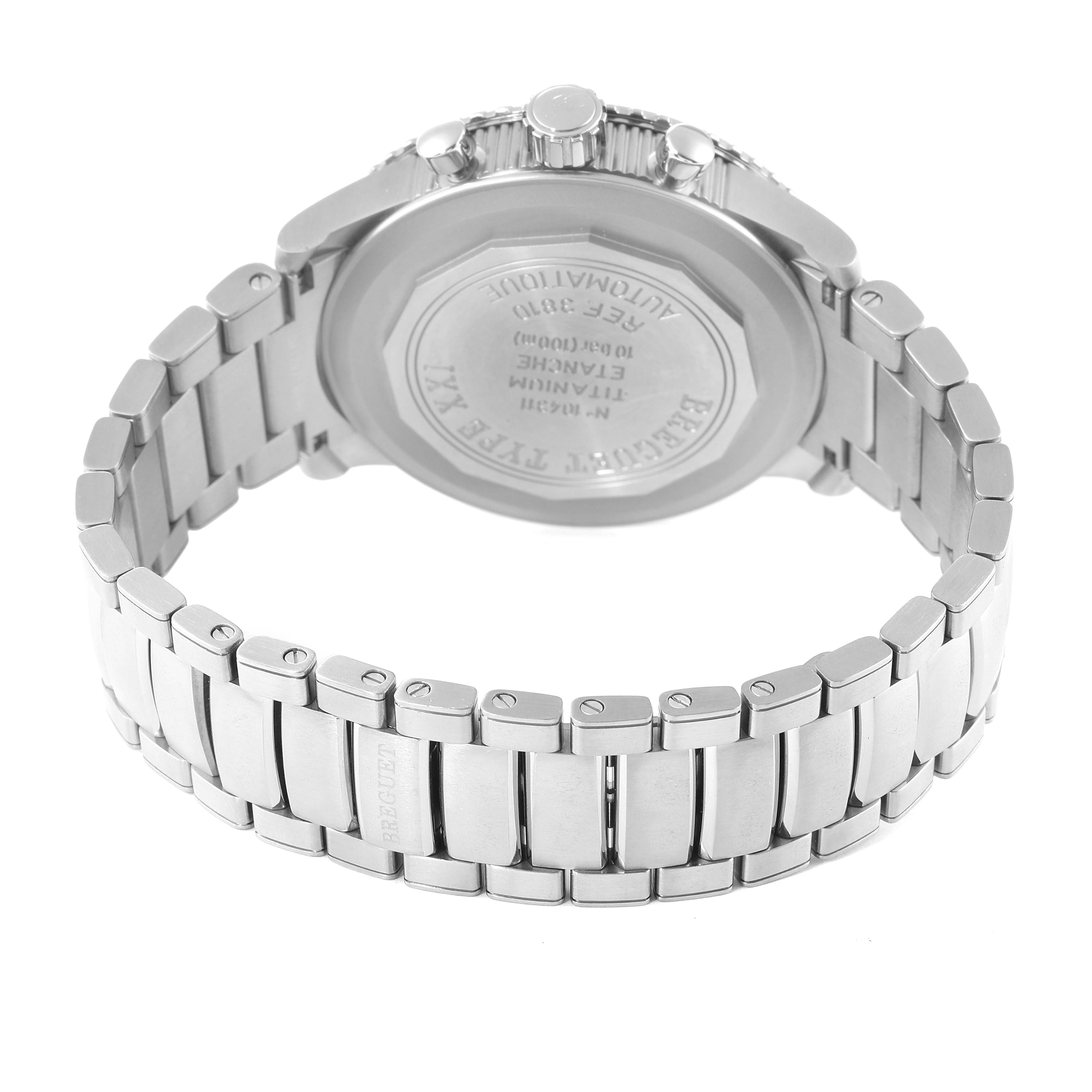 The image shows the back case and metal bracelet of a Breguet Type XX - XXI - XXII 3810T Men's Titanium Black Dial 3810T Men's Titanium Black Dial watch from a rear angle.