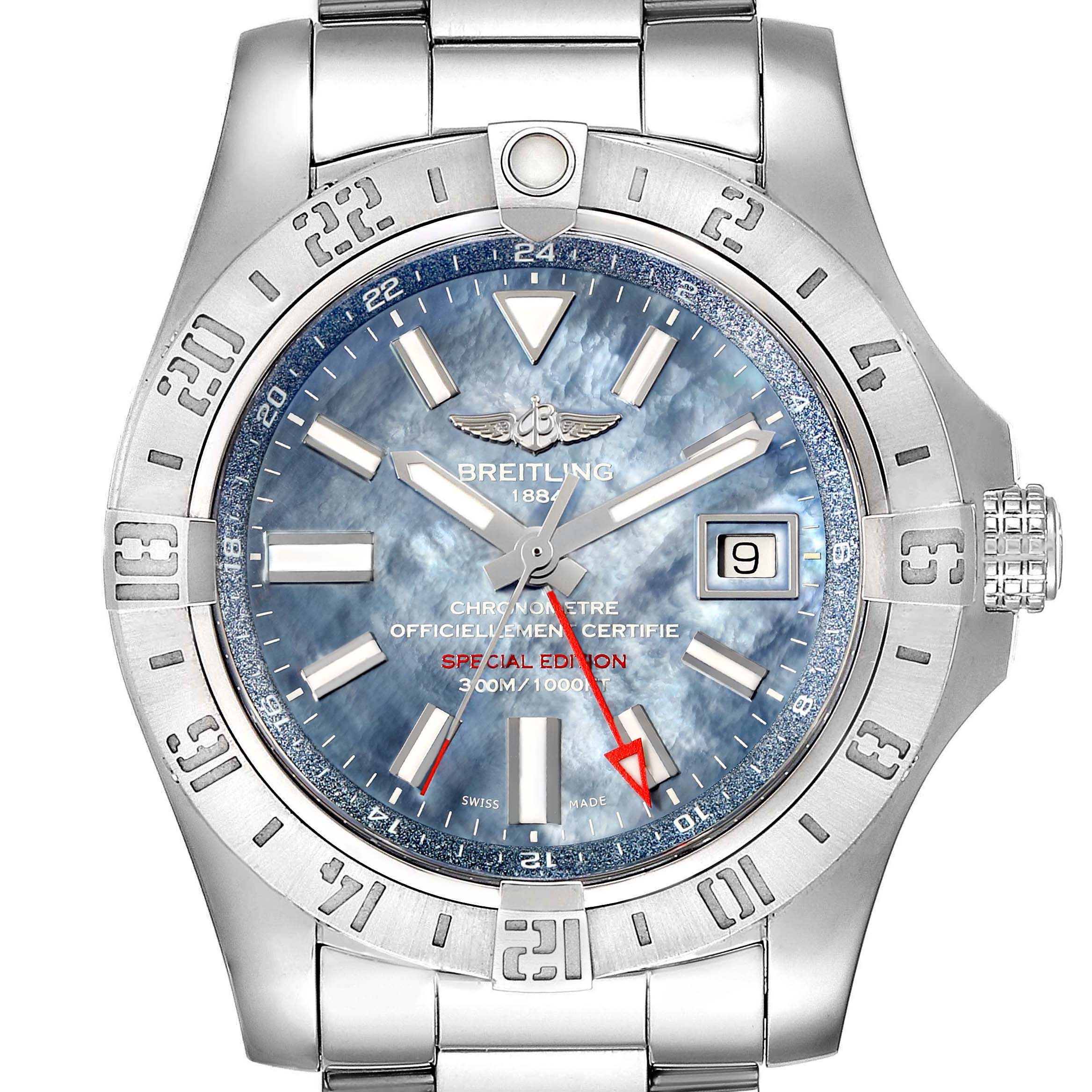 This image shows a front view of the Breitling Avenger A3239011-C872-170A Men
s Stainless Steel Mother of Pearl Dial A3239011-C872-170A Men
s Stainless Steel Mother of Pearl Dial watch, featuring the dial, hands, bezel, and part of the bracelet.
