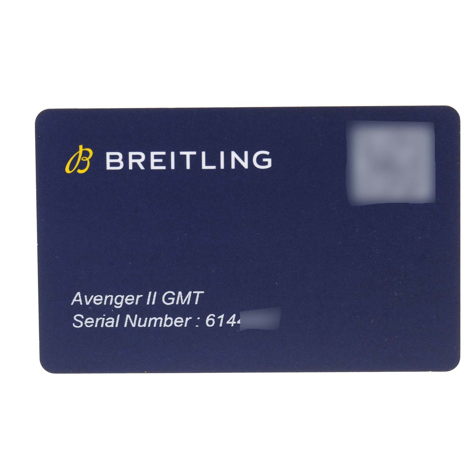This image shows a Breitling Avenger A3239011-C872-170A Men
s Stainless Steel Mother of Pearl Dial A3239011-C872-170A Men
s Stainless Steel Mother of Pearl Dial II GMT warranty card with the serial number partially visible.