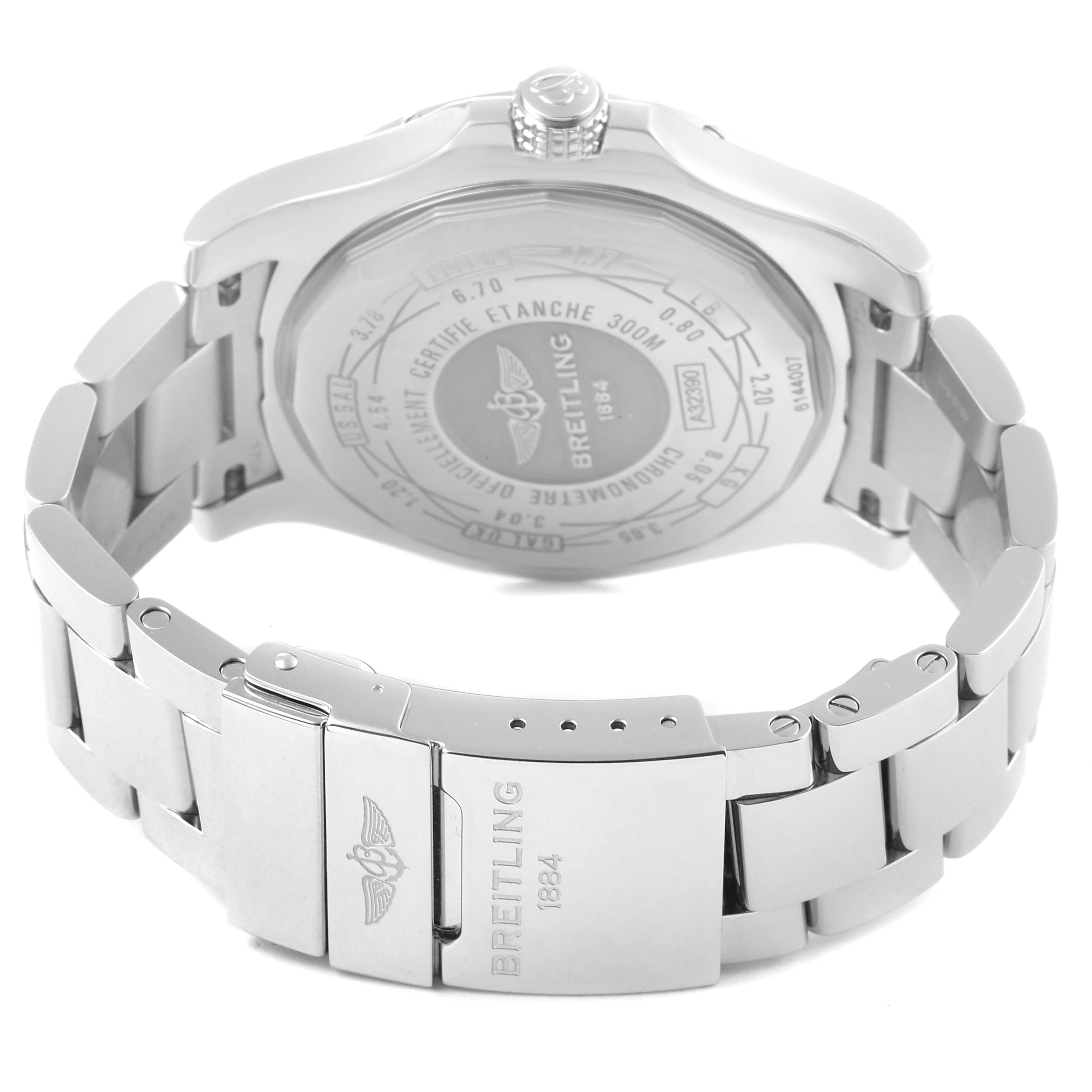 The image shows the back view of a Breitling Avenger A3239011-C872-170A Men
s Stainless Steel Mother of Pearl Dial A3239011-C872-170A Men
s Stainless Steel Mother of Pearl Dial watch, highlighting the case back and stainless steel bracelet.