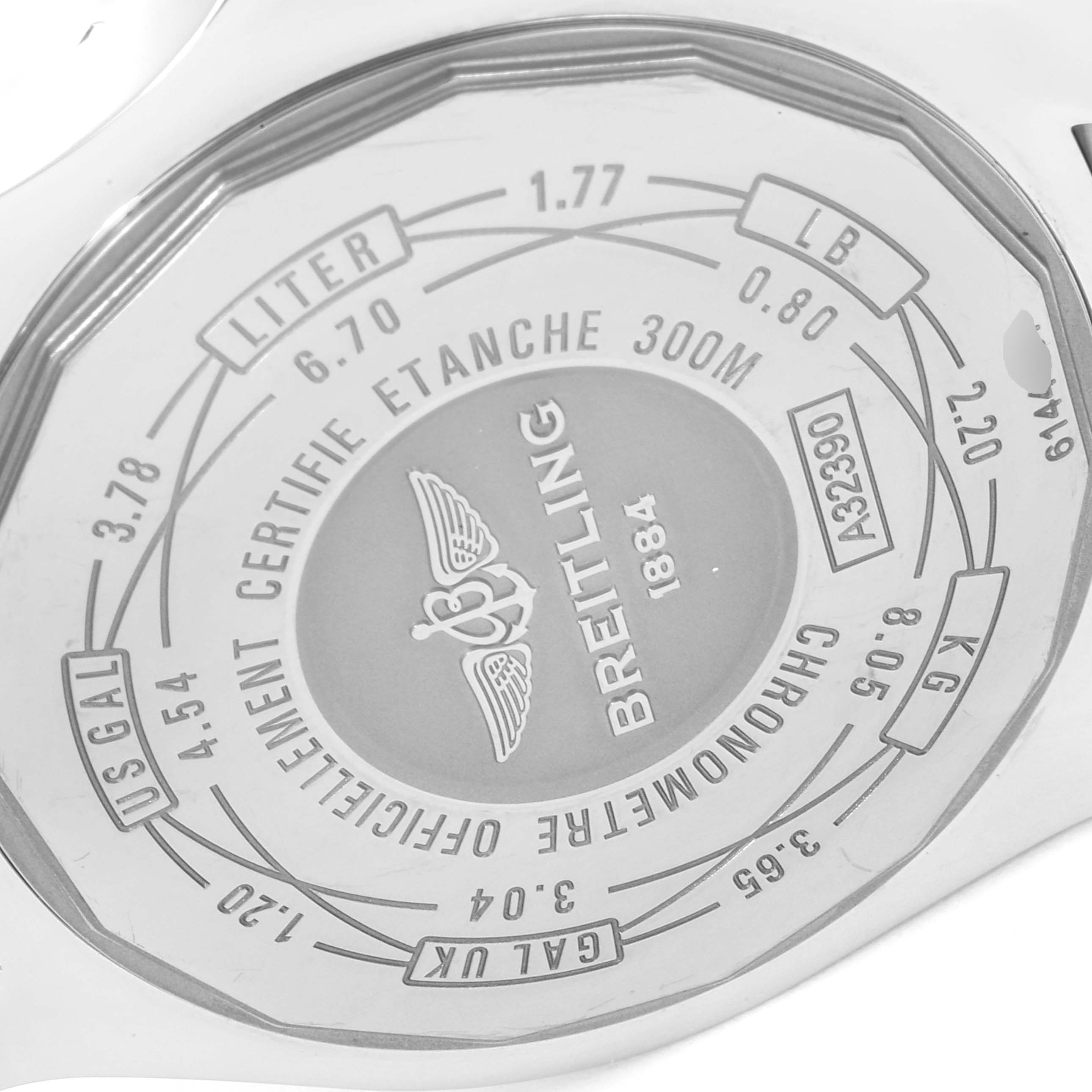 The image shows the back case of a Breitling Avenger A3239011-C872-170A Men
s Stainless Steel Mother of Pearl Dial A3239011-C872-170A Men
s Stainless Steel Mother of Pearl Dial watch, featuring engravings and specifications.