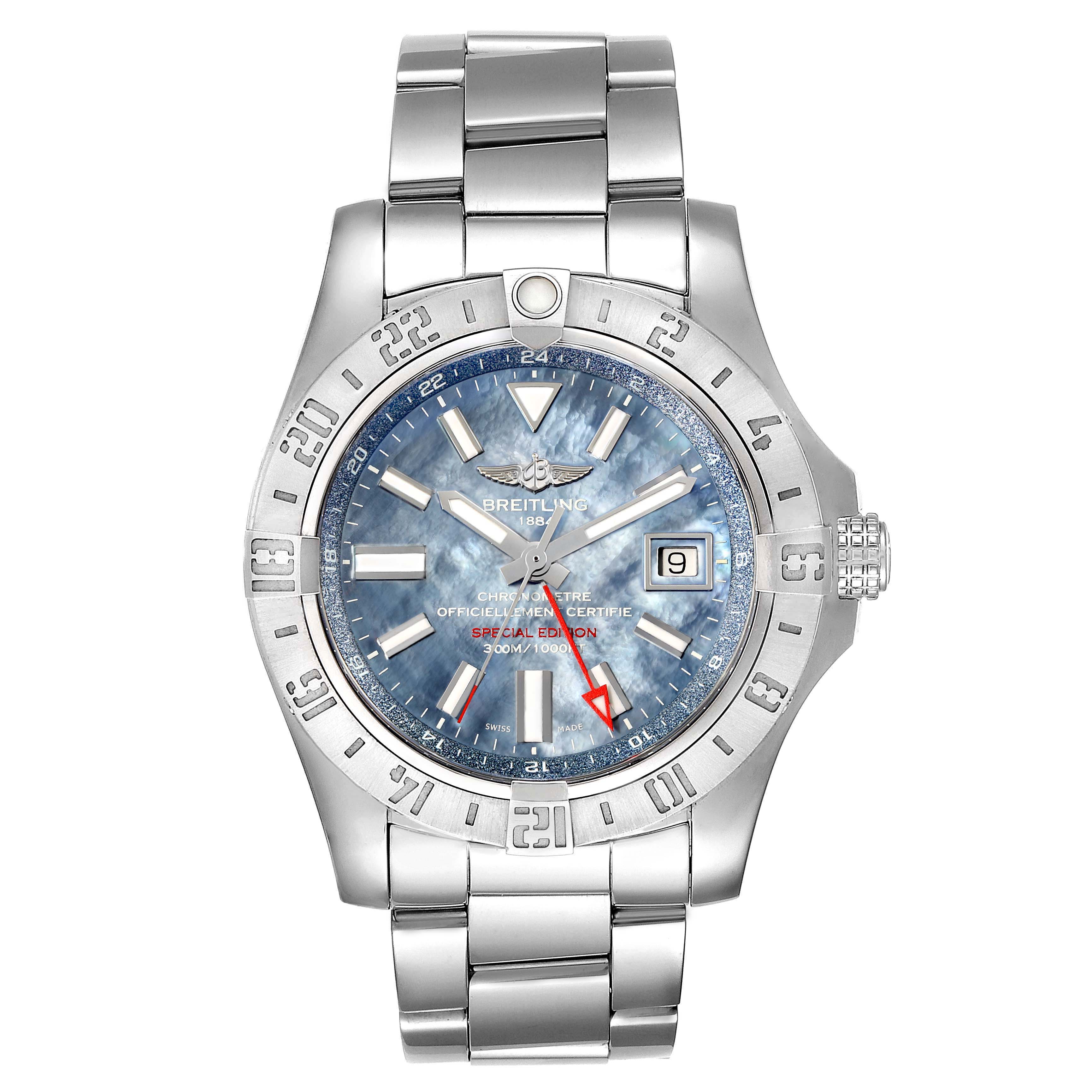 The image shows a front view of a Breitling Avenger A3239011-C872-170A Men
s Stainless Steel Mother of Pearl Dial A3239011-C872-170A Men
s Stainless Steel Mother of Pearl Dial watch including its face, bezel, and bracelet.