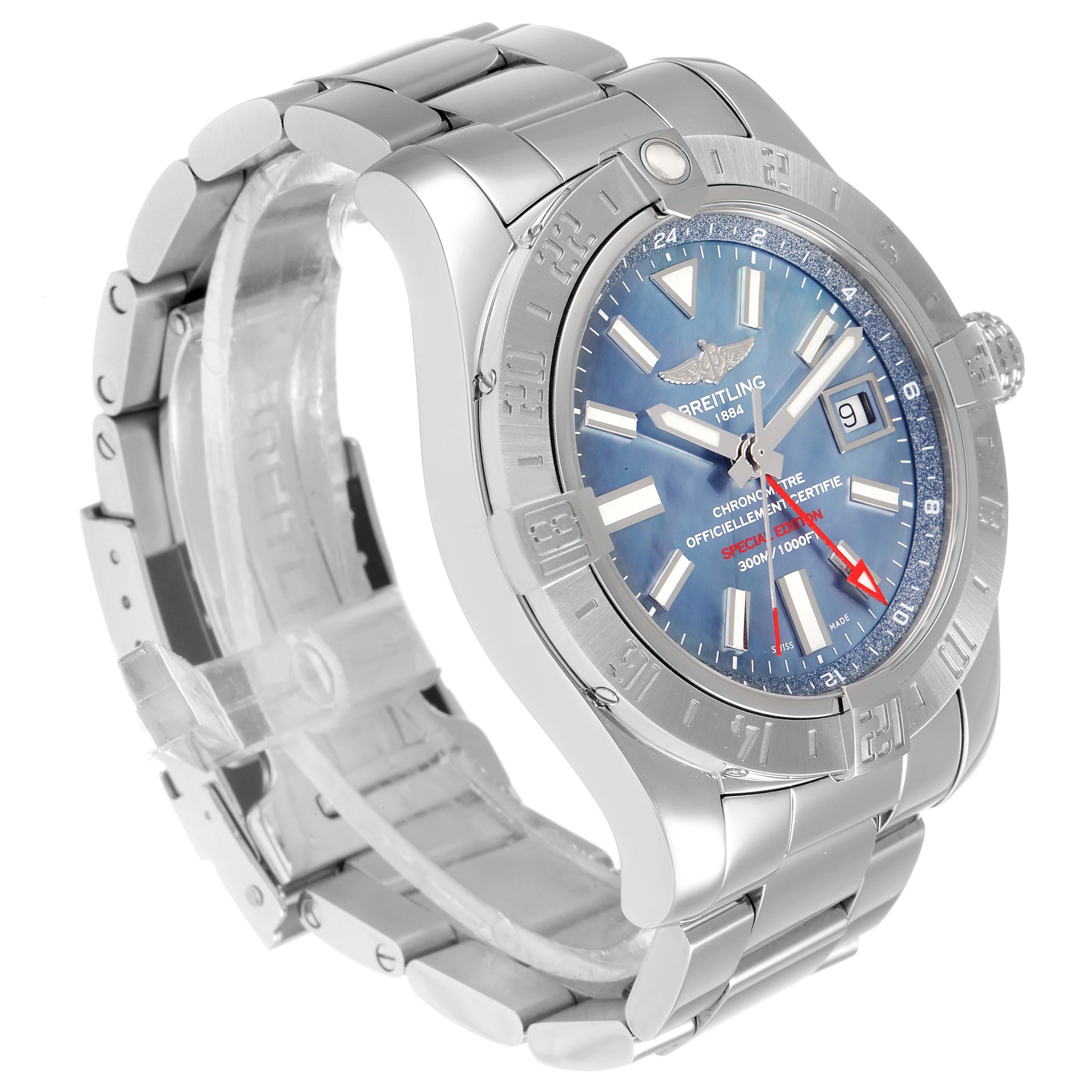 The Breitling Avenger A3239011-C872-170A Men
s Stainless Steel Mother of Pearl Dial A3239011-C872-170A Men
s Stainless Steel Mother of Pearl Dial watch is shown at a three-quarter angle, displaying its metallic bracelet, bezel, and blue dial.