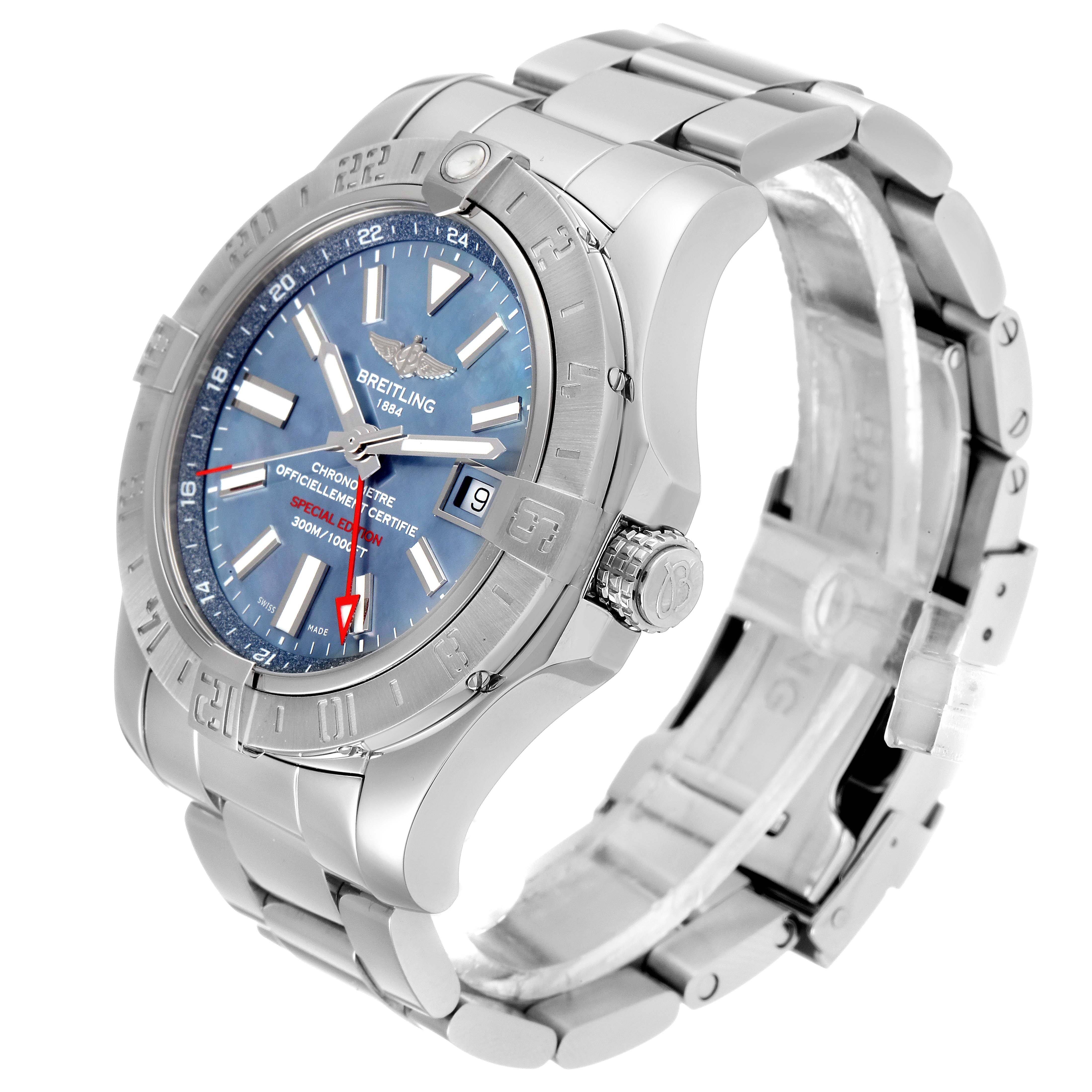 The Breitling Avenger A3239011-C872-170A Men
s Stainless Steel Mother of Pearl Dial A3239011-C872-170A Men
s Stainless Steel Mother of Pearl Dial watch is shown at a 3/4 angle, highlighting its dial, bezel, bracelet, and crown.