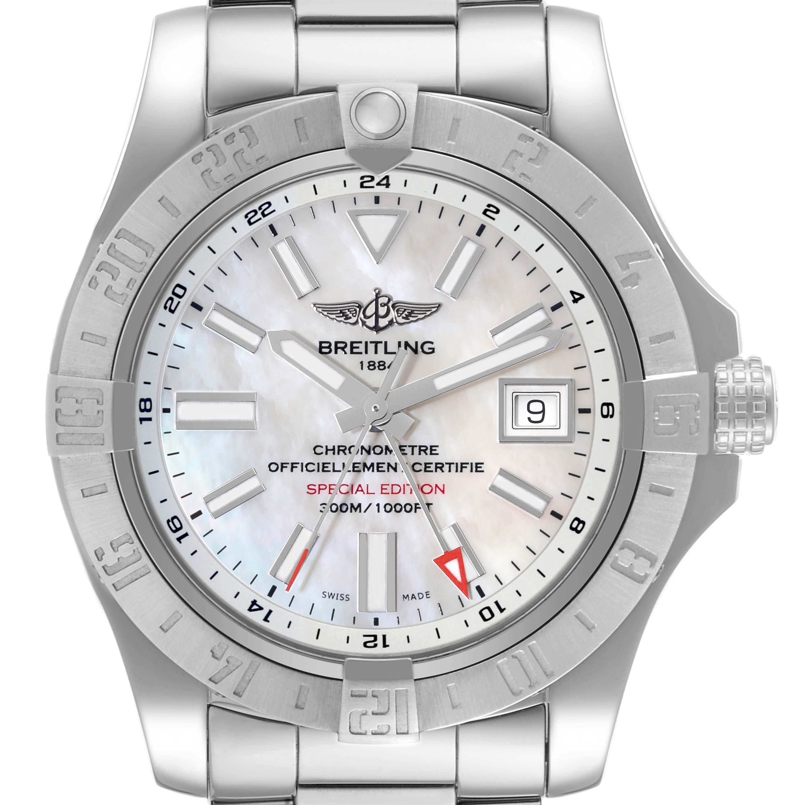 This image shows a close-up of the dial and bezel of a Breitling Avenger A32390 Men's Stainless Steel Mother of Pearl Dial A32390 Men's Stainless Steel Mother of Pearl Dial watch, highlighting the date window and branding.