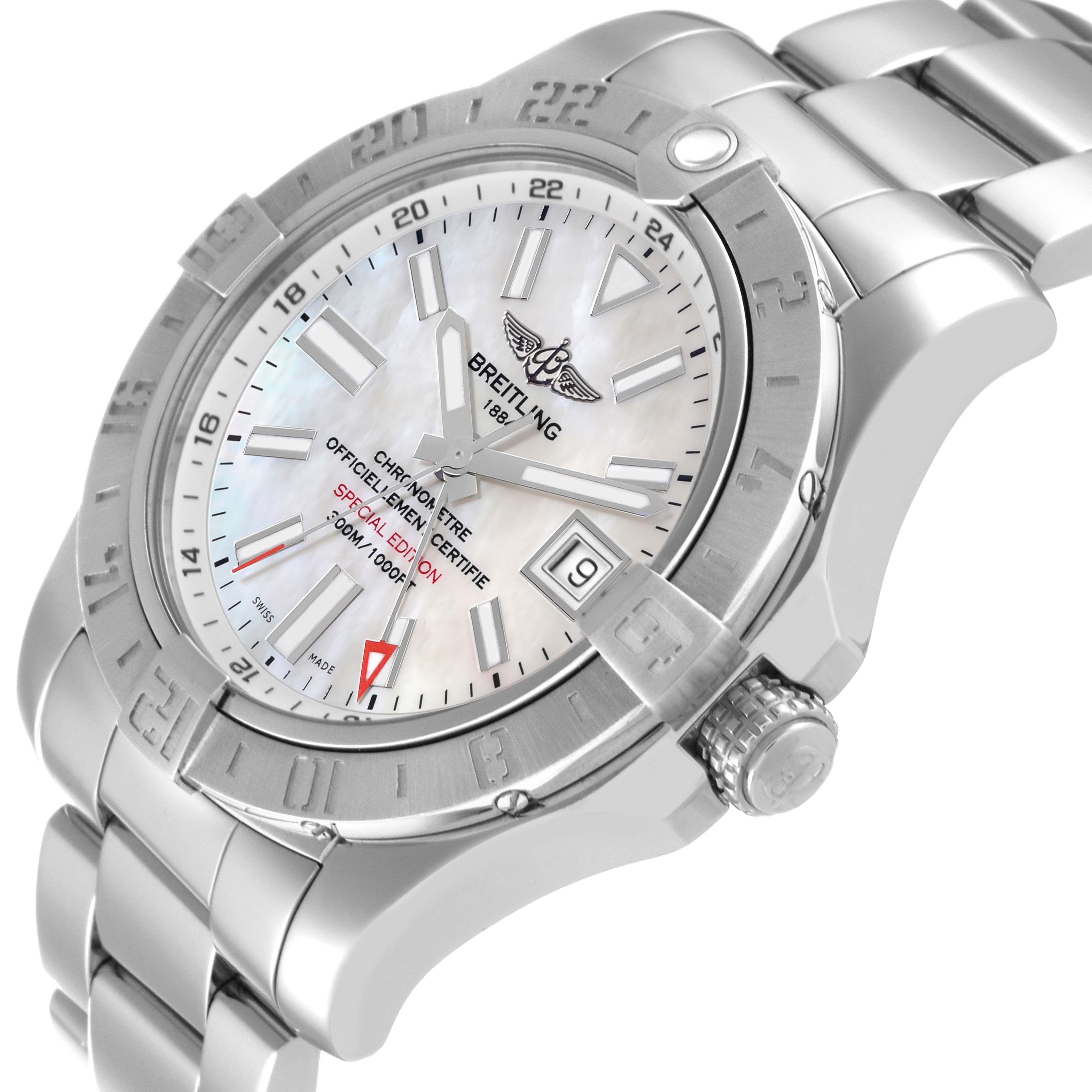 The Breitling Avenger A32390 Men's Stainless Steel Mother of Pearl Dial A32390 Men's Stainless Steel Mother of Pearl Dial watch is shown at an angled side view, highlighting the dial, bezel, and part of the metal strap.
