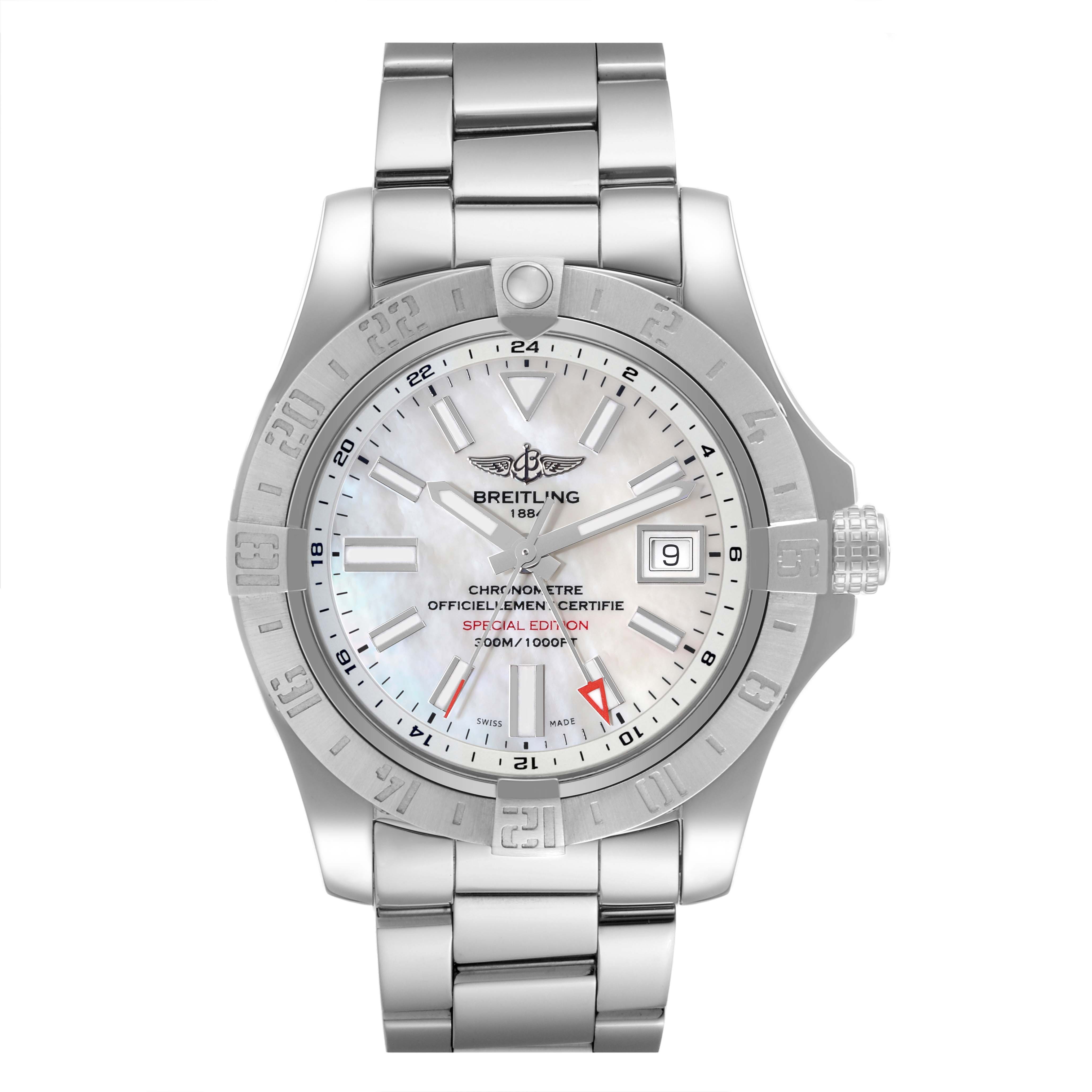 The image displays a front view of a Breitling Avenger A32390 Men's Stainless Steel Mother of Pearl Dial A32390 Men's Stainless Steel Mother of Pearl Dial watch, showing the dial, bezel, crown, and metal bracelet.