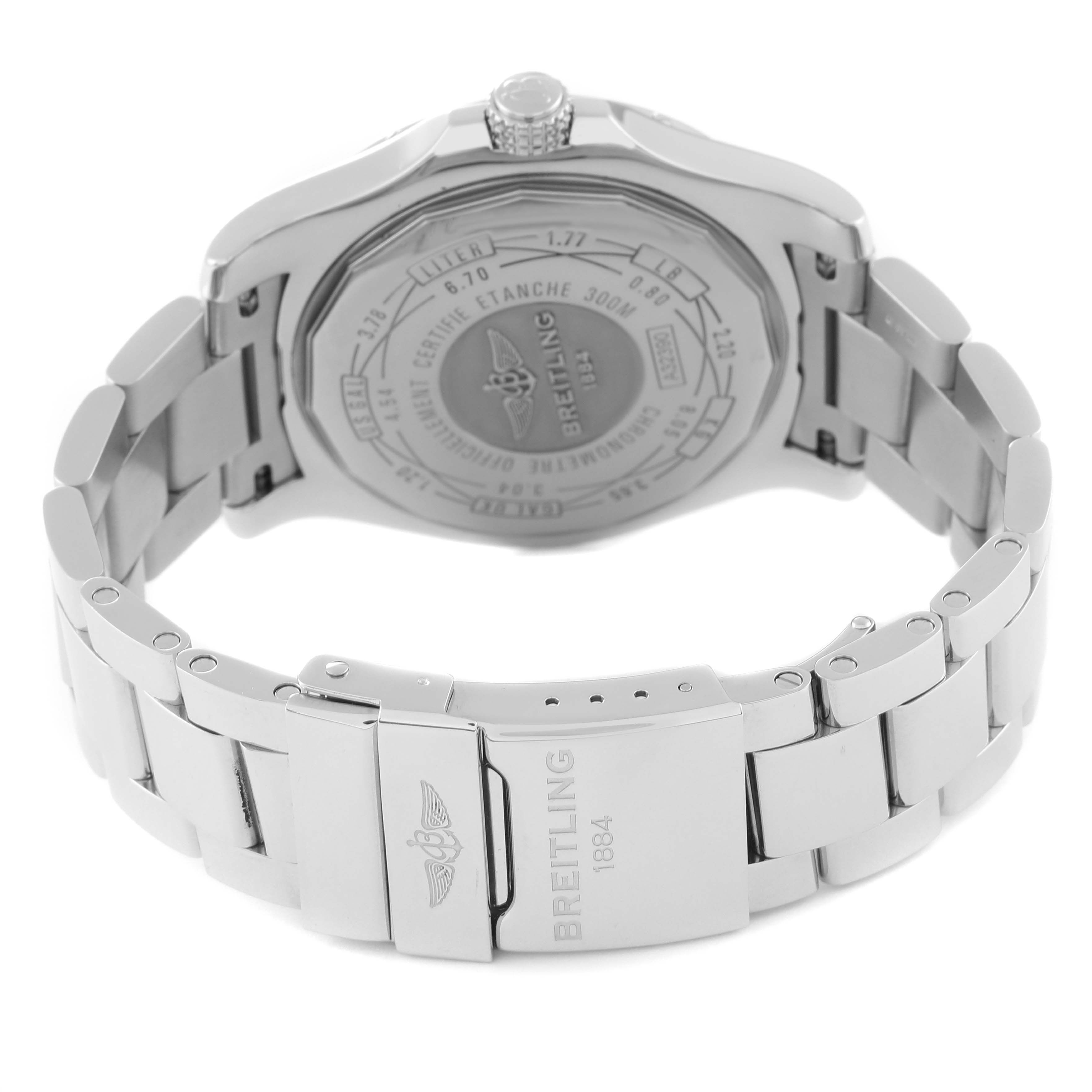 This image shows the back case, crown, and bracelet clasp of the Breitling Avenger A32390 Men's Stainless Steel Mother of Pearl Dial A32390 Men's Stainless Steel Mother of Pearl Dial watch.