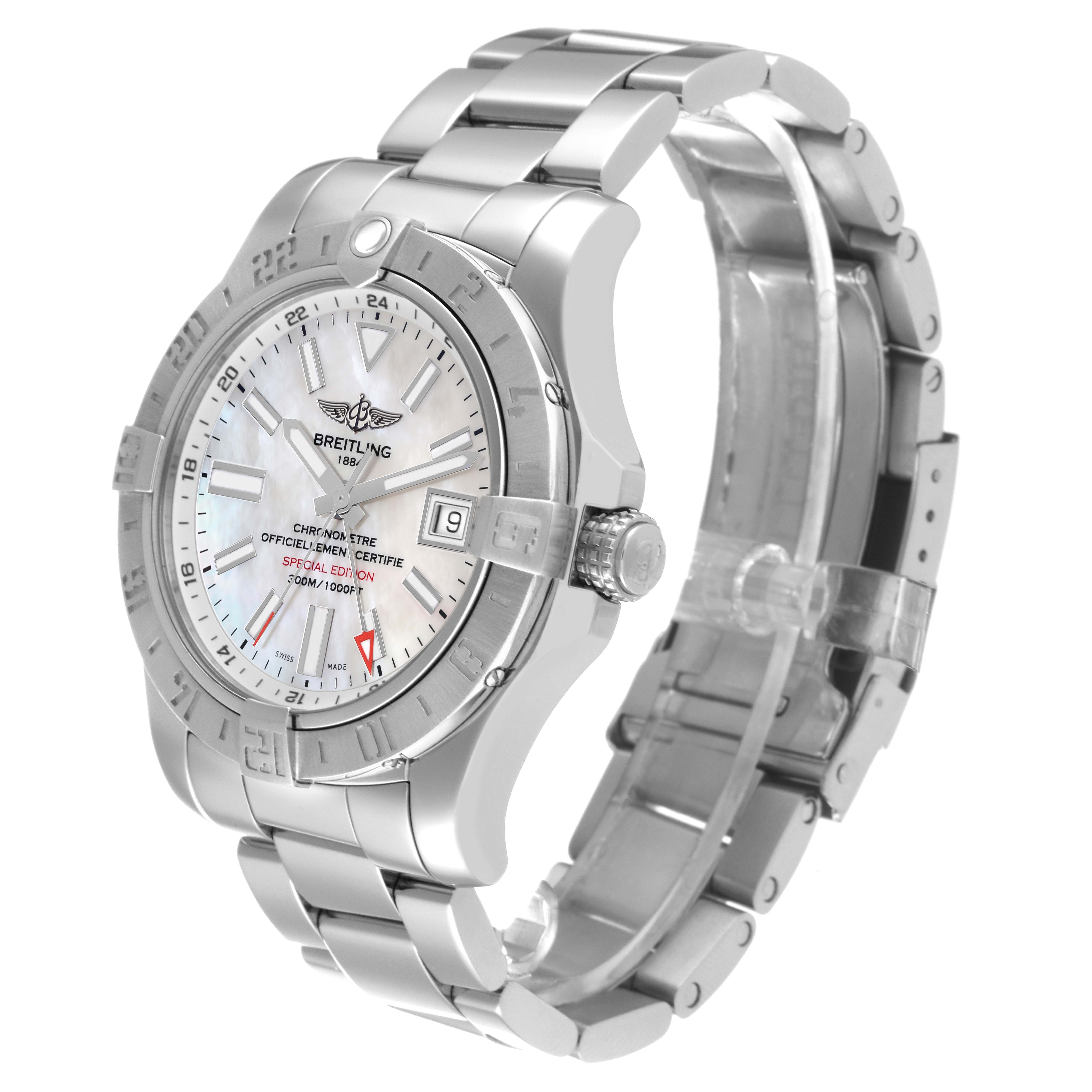This image shows a side view of a Breitling Avenger A32390 Men's Stainless Steel Mother of Pearl Dial A32390 Men's Stainless Steel Mother of Pearl Dial watch, highlighting its metal strap, crown, and part of the dial.