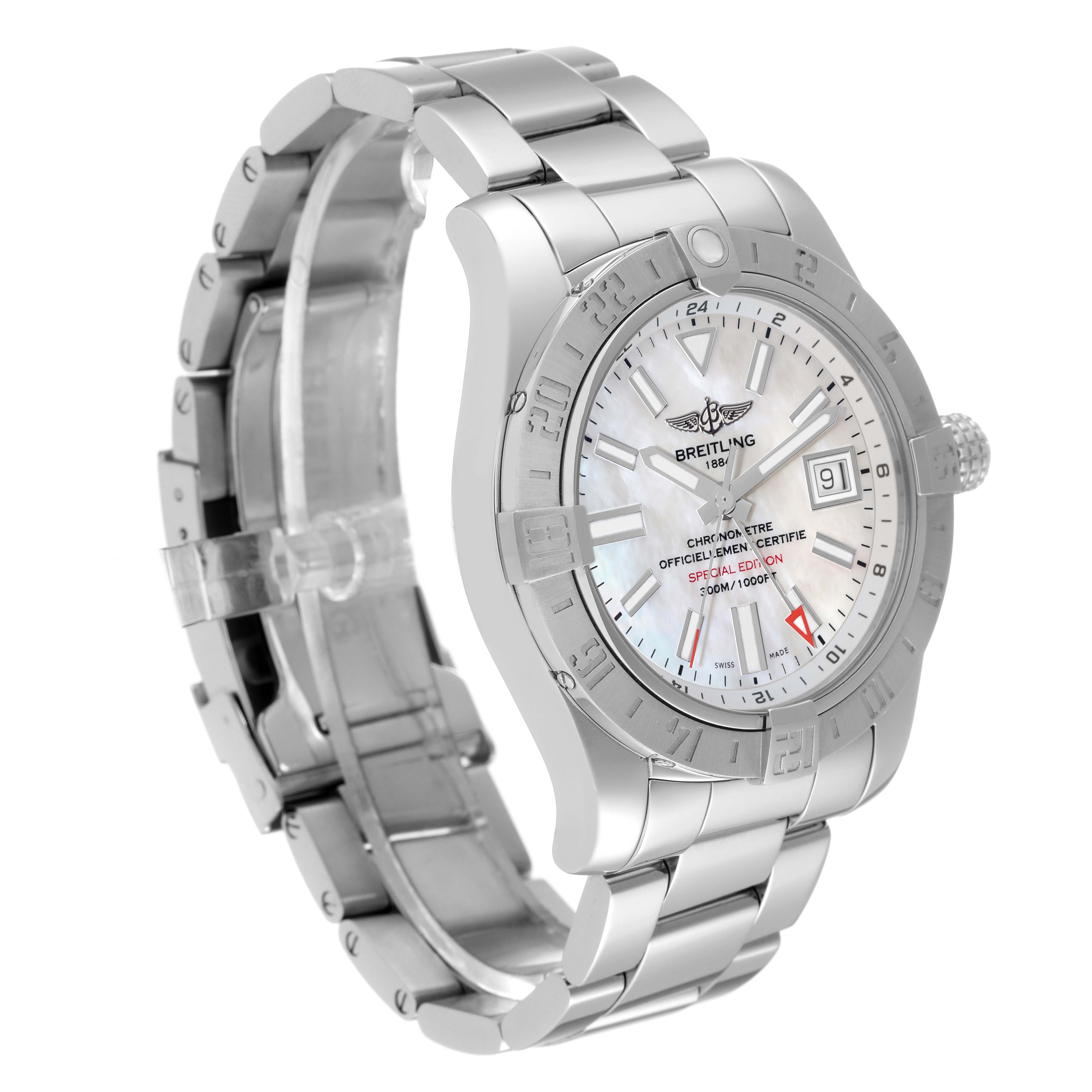 The Breitling Avenger A32390 Men's Stainless Steel Mother of Pearl Dial A32390 Men's Stainless Steel Mother of Pearl Dial watch is shown from a side angle, highlighting its face, bezel, and band.