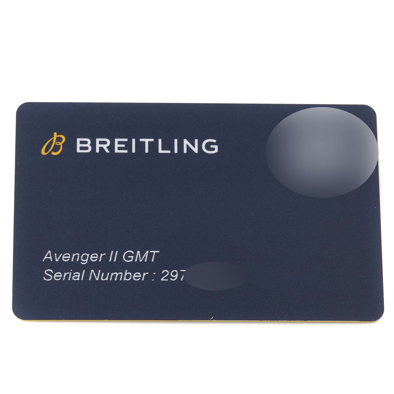 This image shows a registration card for the Breitling Avenger A32390 Men's Stainless Steel Mother of Pearl Dial A32390 Men's Stainless Steel Mother of Pearl Dial II GMT watch with the serial number partially obscured.