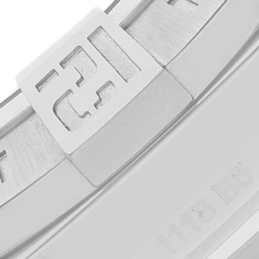 The image shows a close-up of the metal bracelet and clasp of a Breitling Avenger A32390 Men's Stainless Steel Mother of Pearl Dial A32390 Men's Stainless Steel Mother of Pearl Dial watch.