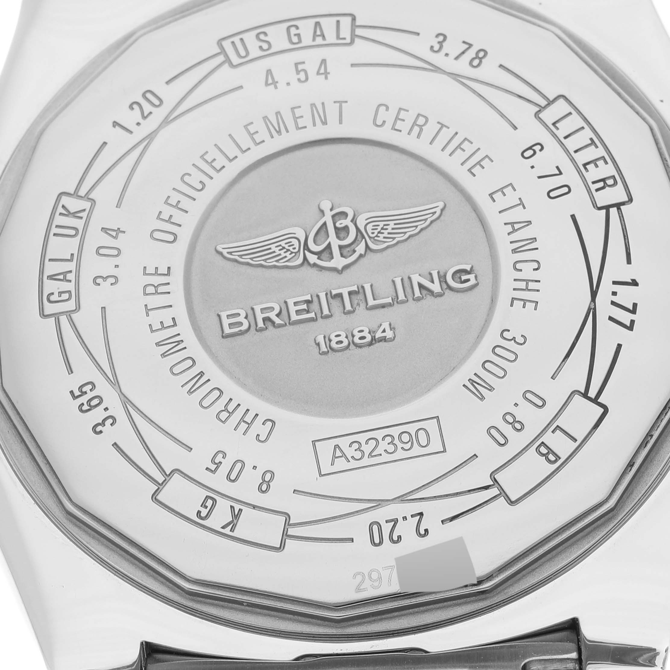 The image shows the back casing of an Avenger model Breitling watch with various certifications and measurements engraved.