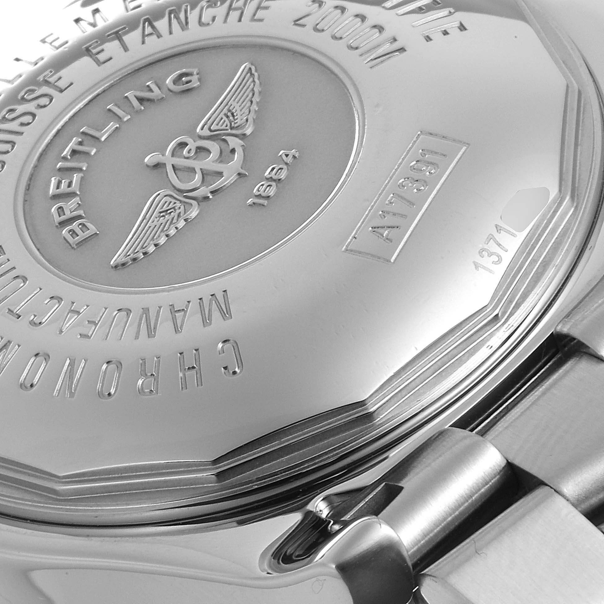 This image shows the back case and part of the bracelet of a Breitling Superocean A17391 Men's Stainless Steel Black Dial A17391 Men's Stainless Steel Black Dial watch from an angled, close-up view.