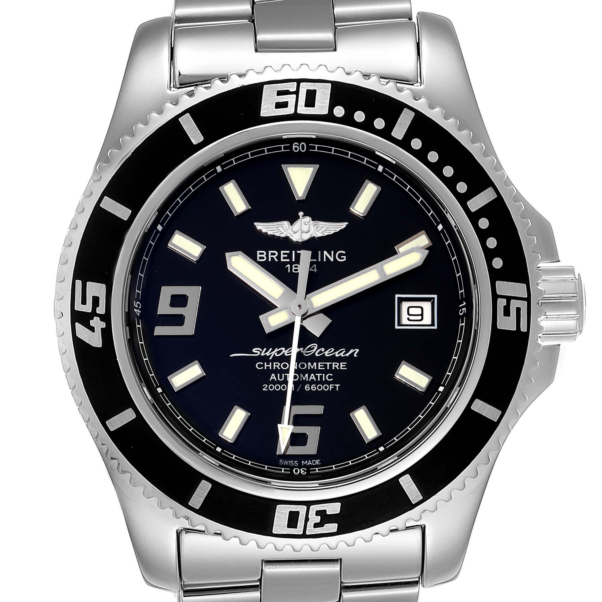 The Breitling Superocean A17391 Men's Stainless Steel Black Dial A17391 Men's Stainless Steel Black Dial watch is shown from a front angle, displaying its bezel, dial, hands, and part of the stainless steel bracelet.