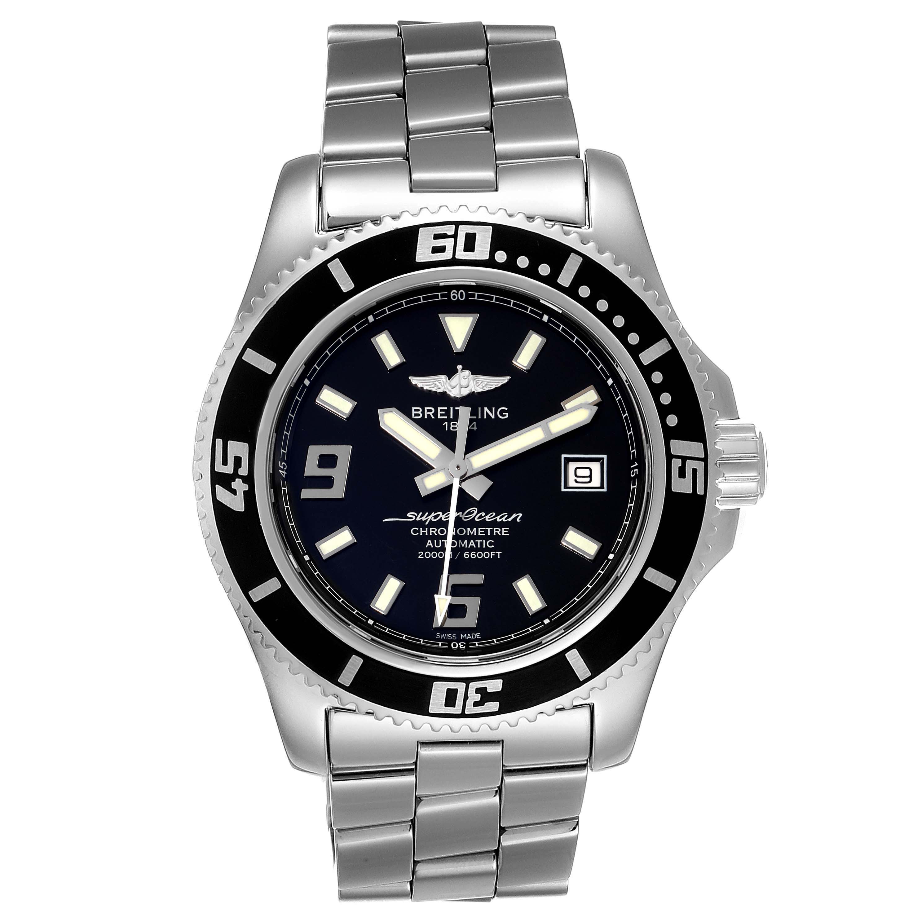 The image shows a front view of the Breitling Superocean A17391 Men's Stainless Steel Black Dial A17391 Men's Stainless Steel Black Dial watch, highlighting its dial, bezel, and metal bracelet.