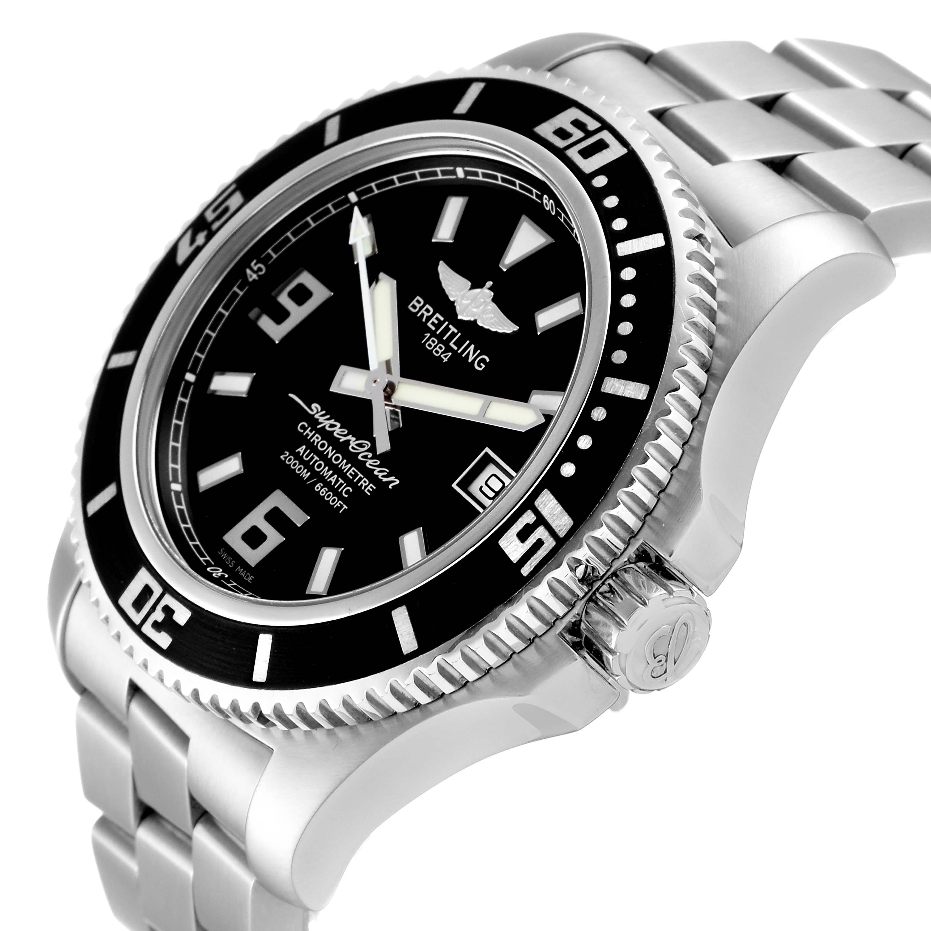 The image shows a side angle of a Breitling Superocean A17391 Men's Stainless Steel Black Dial A17391 Men's Stainless Steel Black Dial watch, highlighting the bezel, dial, and bracelet.