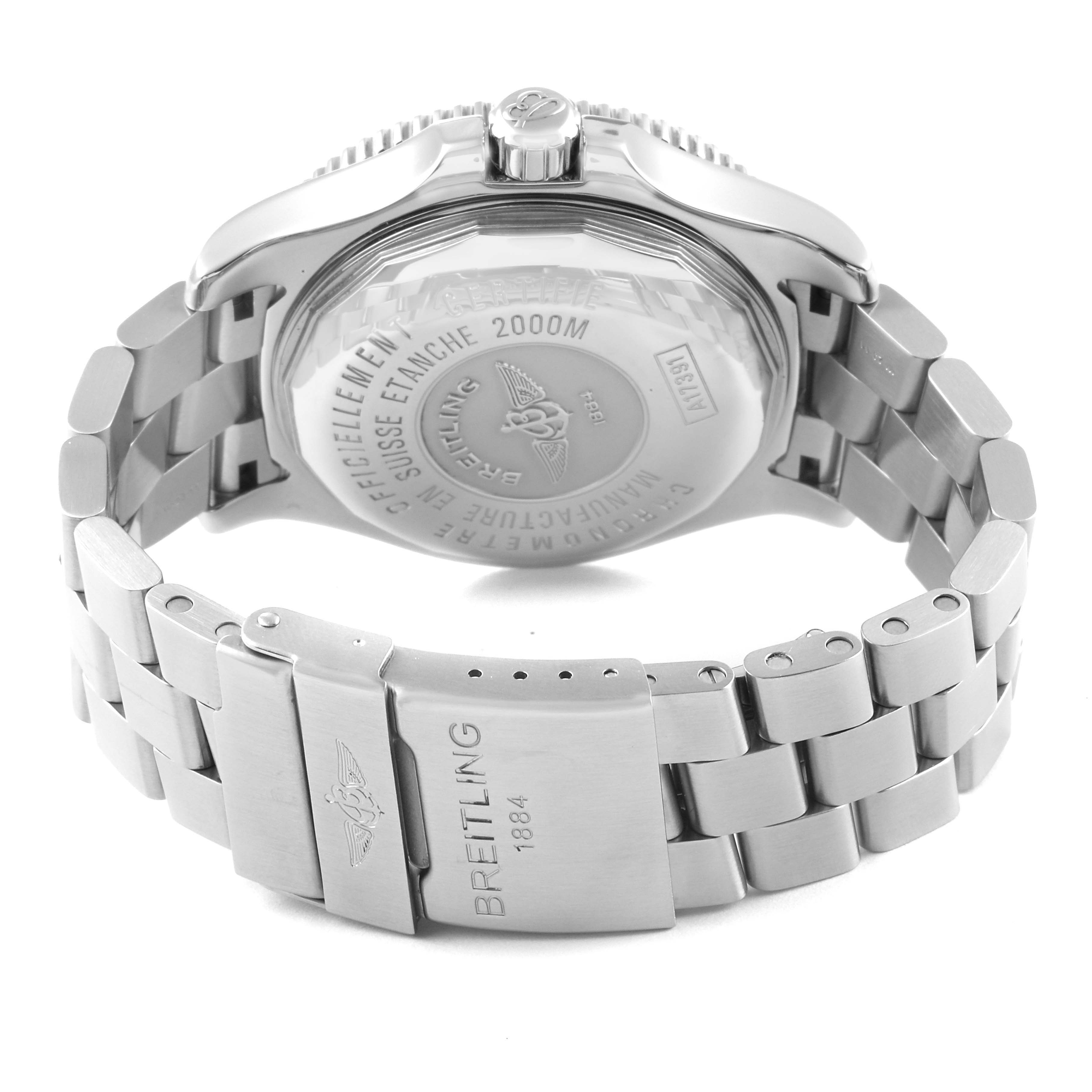 The image shows the back and clasp of a Breitling Superocean A17391 Men's Stainless Steel Black Dial A17391 Men's Stainless Steel Black Dial watch, highlighting the metal bracelet and case back.