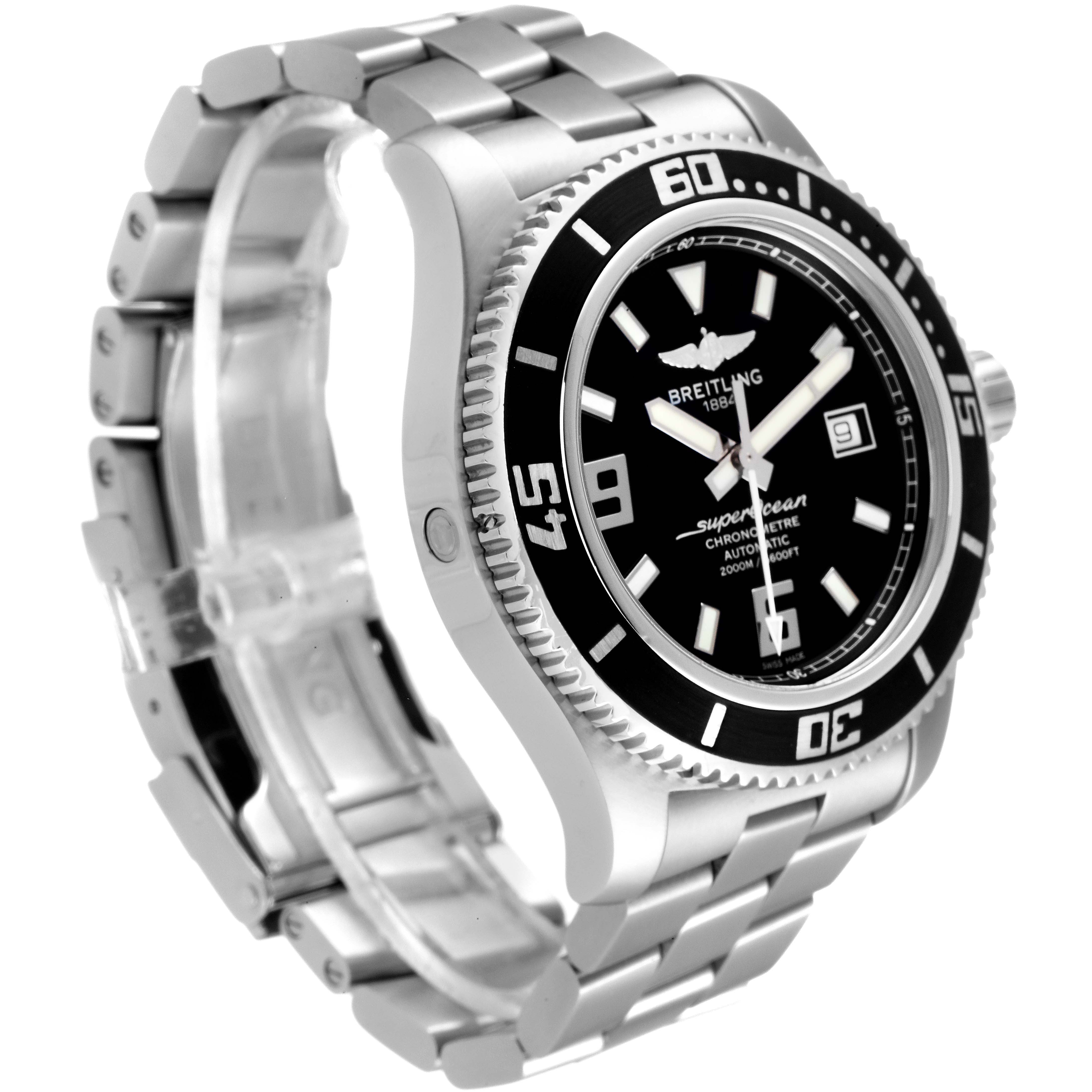 The Breitling Superocean A17391 Men's Stainless Steel Black Dial A17391 Men's Stainless Steel Black Dial watch is shown at a side angle, highlighting the dial, bezel, and metal bracelet.