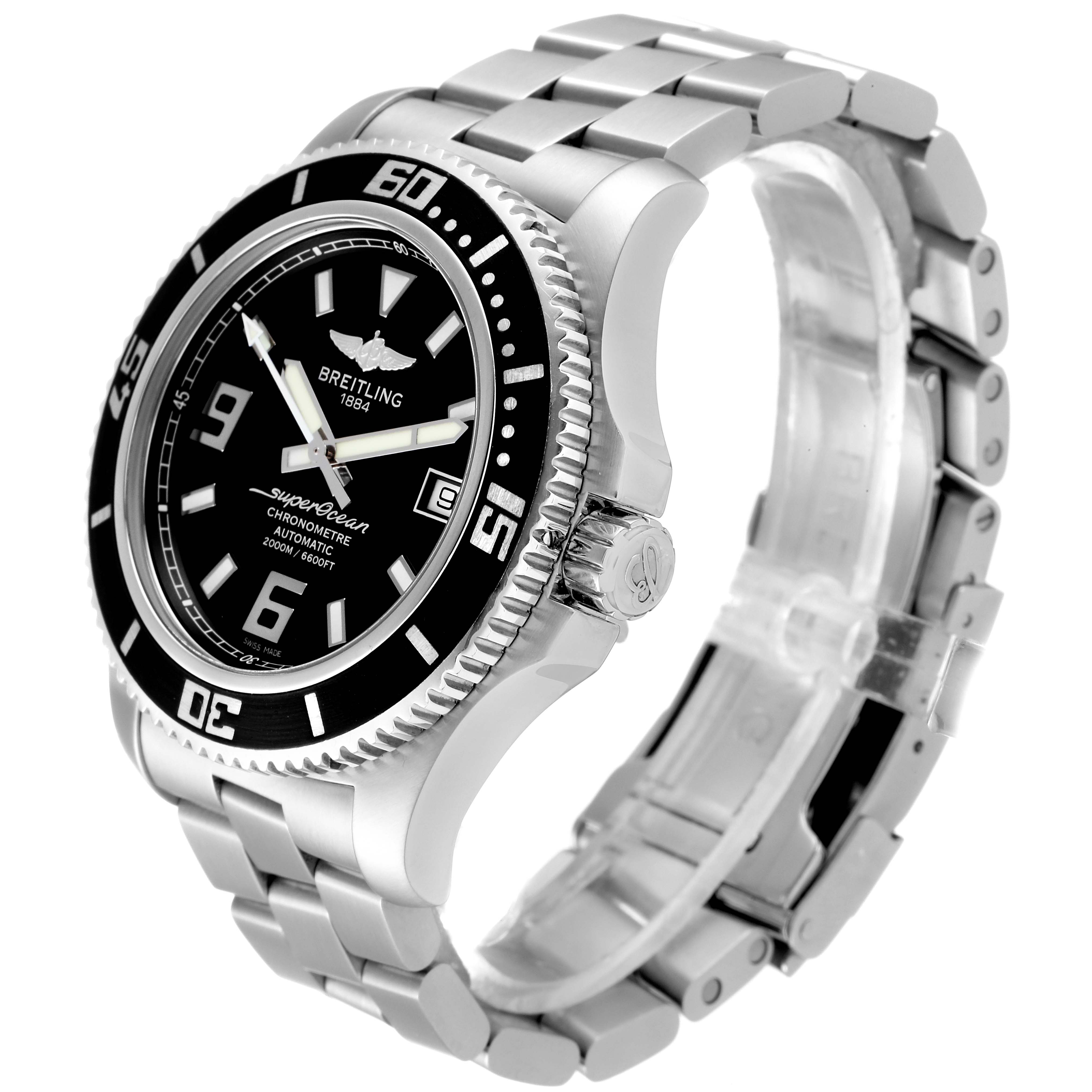 The image shows a Breitling Superocean A17391 Men's Stainless Steel Black Dial A17391 Men's Stainless Steel Black Dial watch at an angle, displaying the watch face, bezel, and metal bracelet clearly.