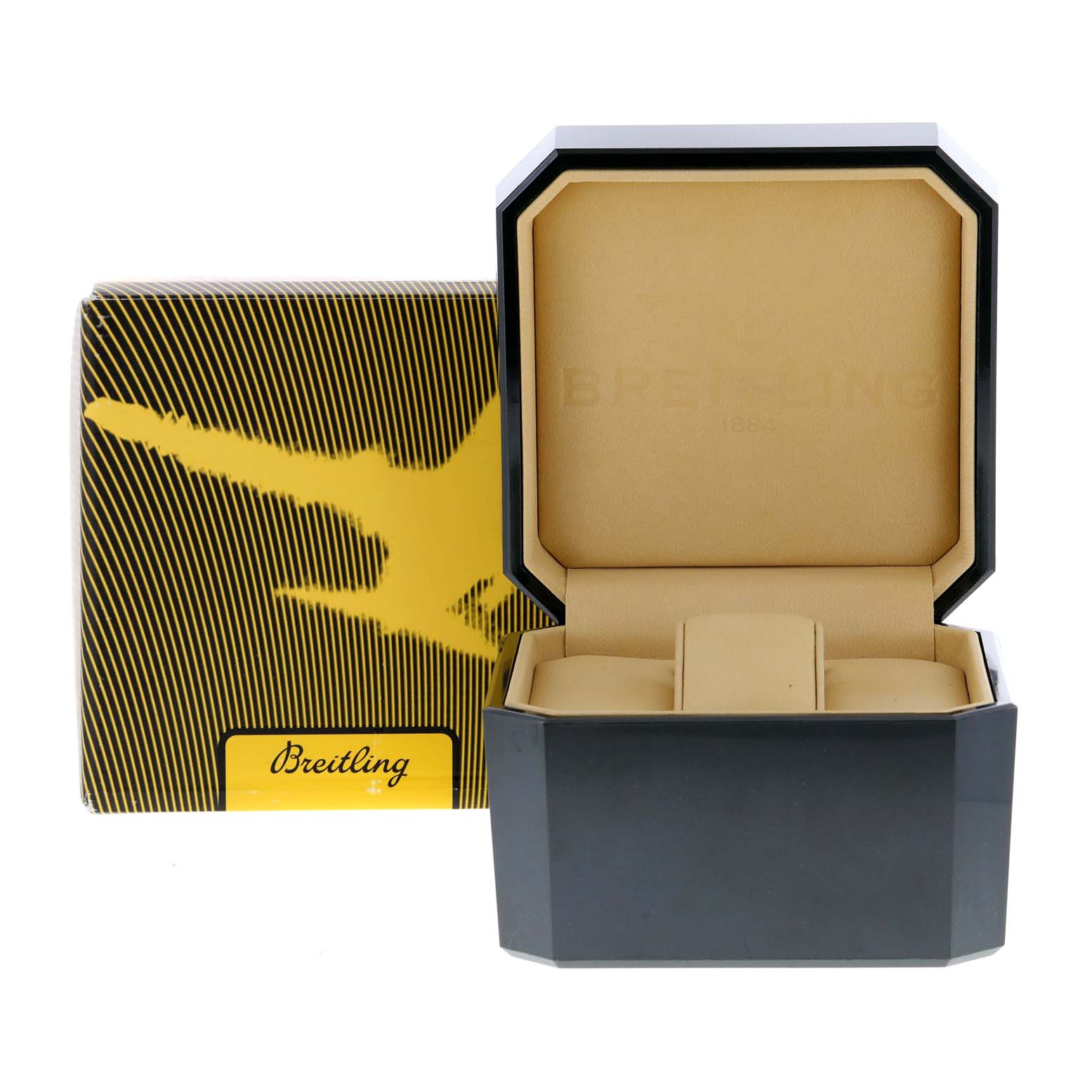 The image shows the packaging and presentation box for the Breitling Superocean A17391 Men's Stainless Steel Black Dial A17391 Men's Stainless Steel Black Dial watch, with the outer box featuring a plane graphic.