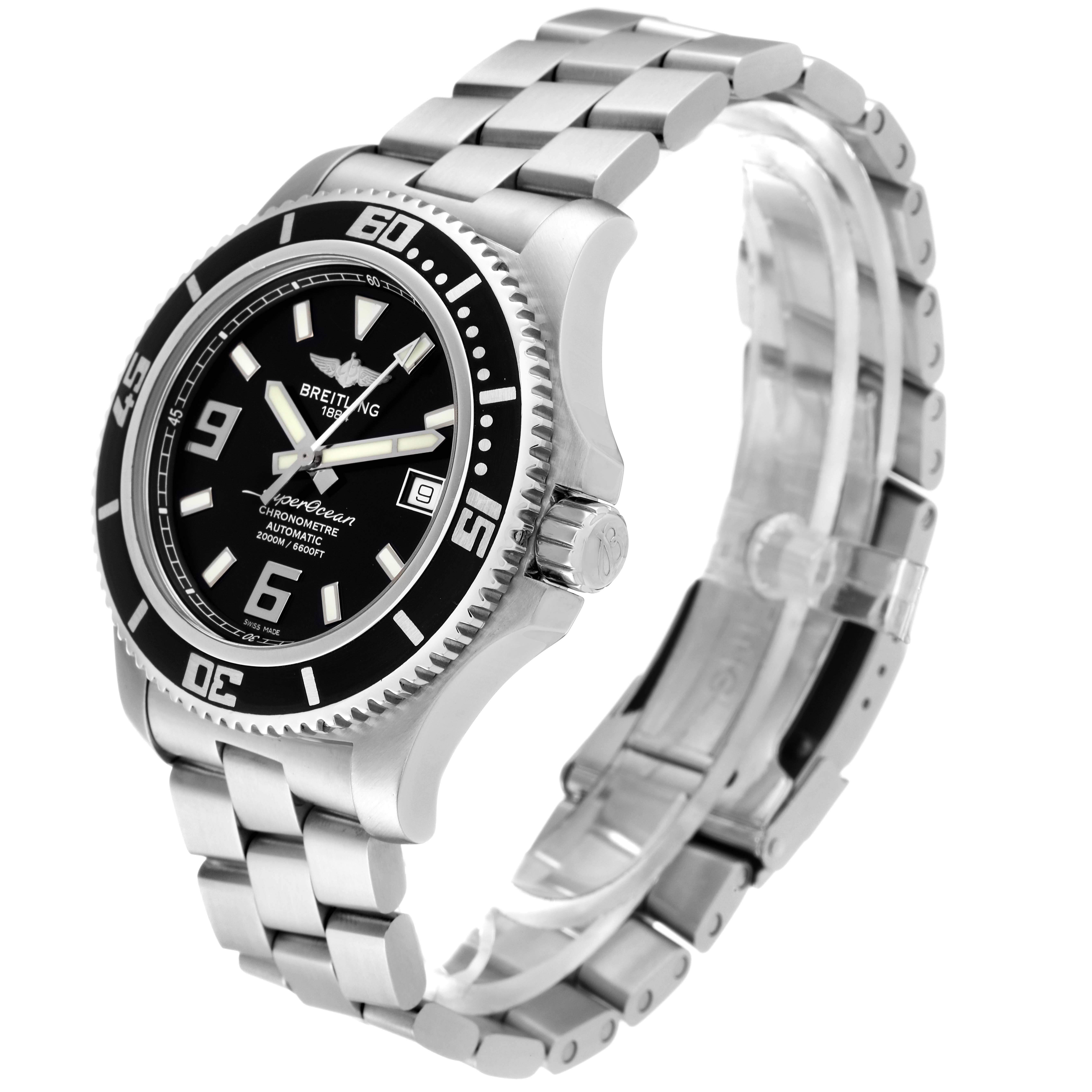 This image shows a side angle of a Breitling Superocean A17391 Men's Stainless Steel Black Dial A17391 Men's Stainless Steel Black Dial watch, highlighting the face, bezel, crown, and metal bracelet.