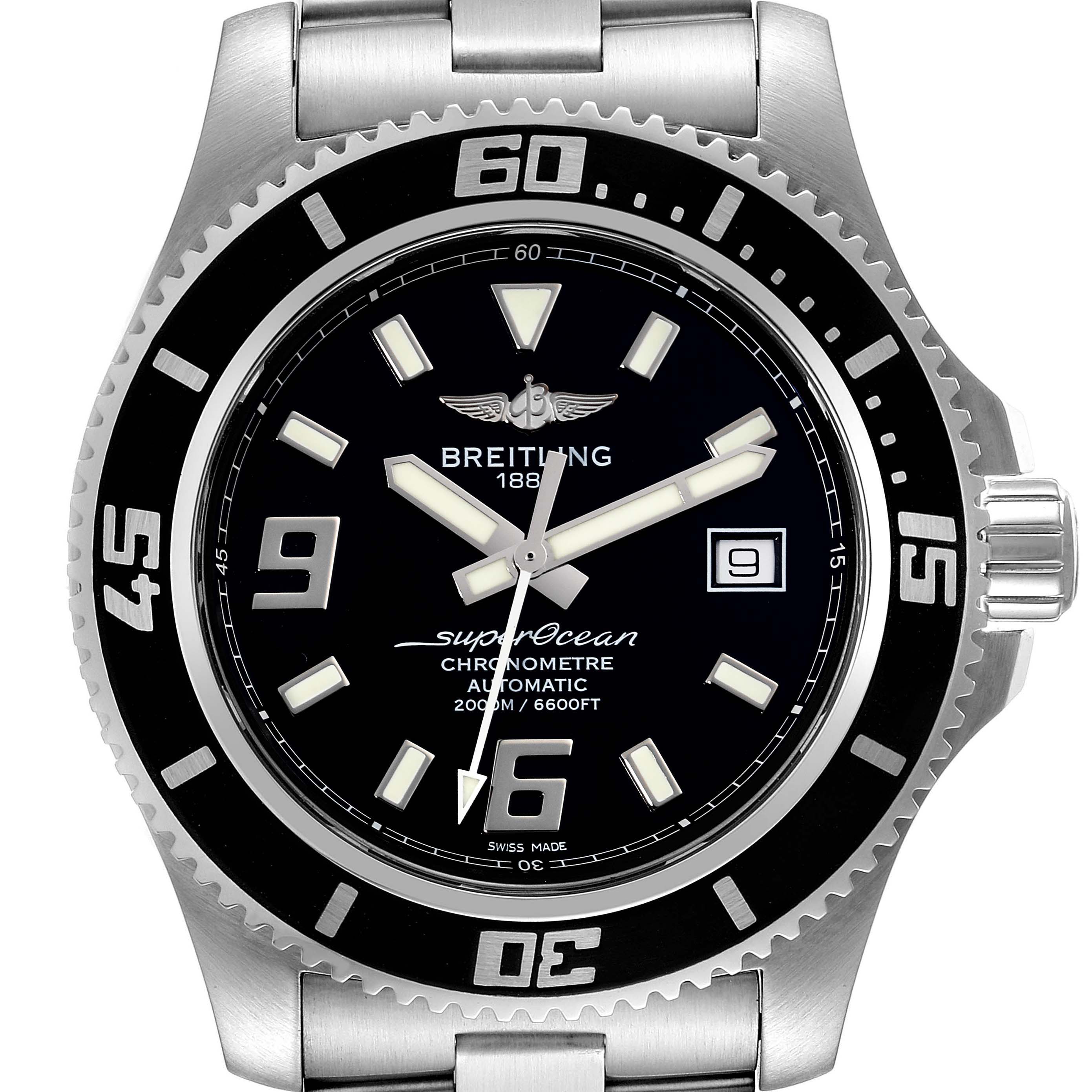 The image shows a Breitling Superocean A17391 Men's Stainless Steel Black Dial A17391 Men's Stainless Steel Black Dial watch from a front-facing angle, displaying the dial, bezel, and part of the bracelet.