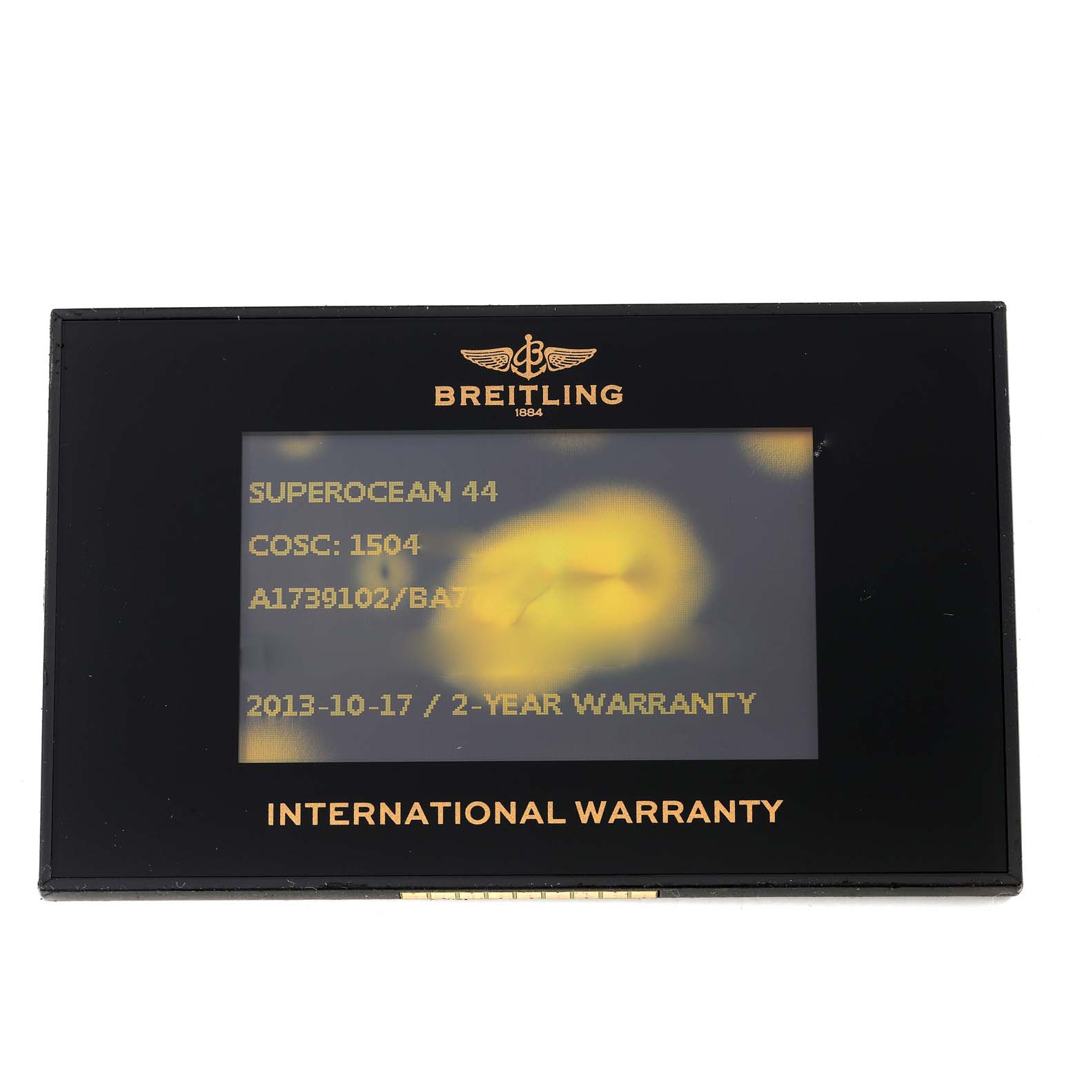 This image shows a Breitling Superocean A17391 Men's Stainless Steel Black Dial A17391 Men's Stainless Steel Black Dial 44 warranty card with model, COSC number, serial number, and warranty information.