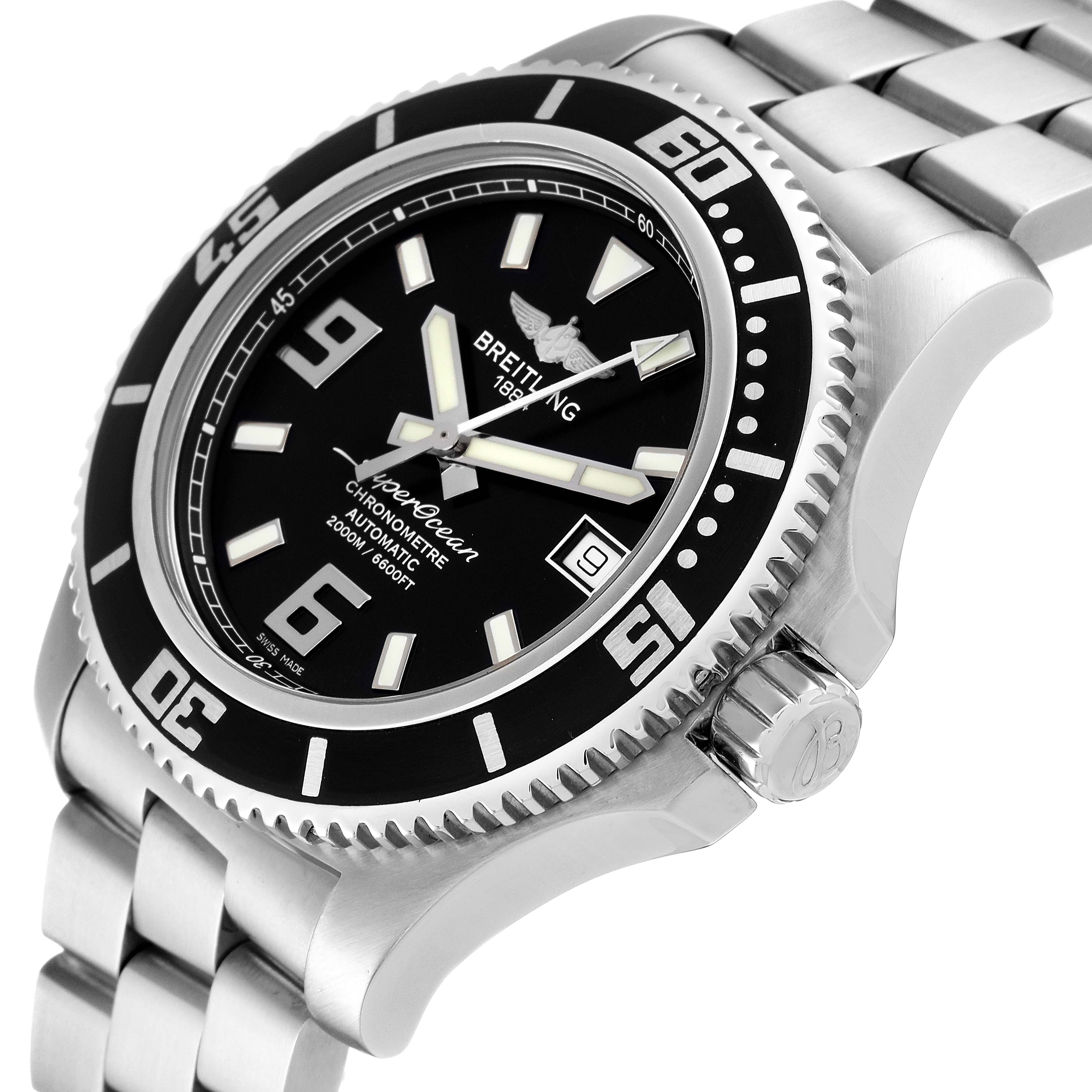 The Breitling Superocean A17391 Men's Stainless Steel Black Dial A17391 Men's Stainless Steel Black Dial watch is shown at an angle displaying the face, bezel, crown, and part of the bracelet.