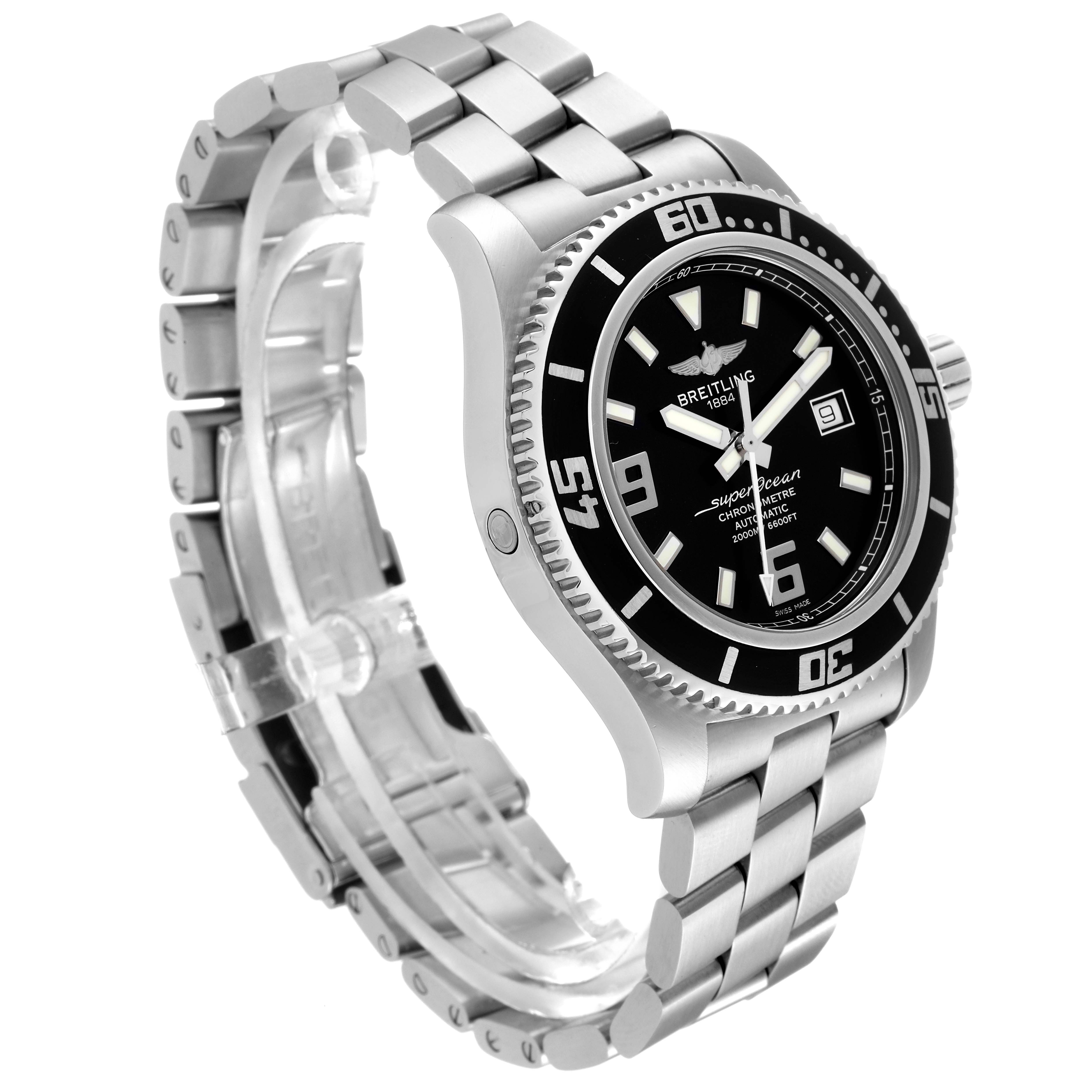 This image shows a Breitling Superocean A17391 Men's Stainless Steel Black Dial A17391 Men's Stainless Steel Black Dial watch at a 3/4 angle, showcasing its bezel, dial, bracelet, and crown.