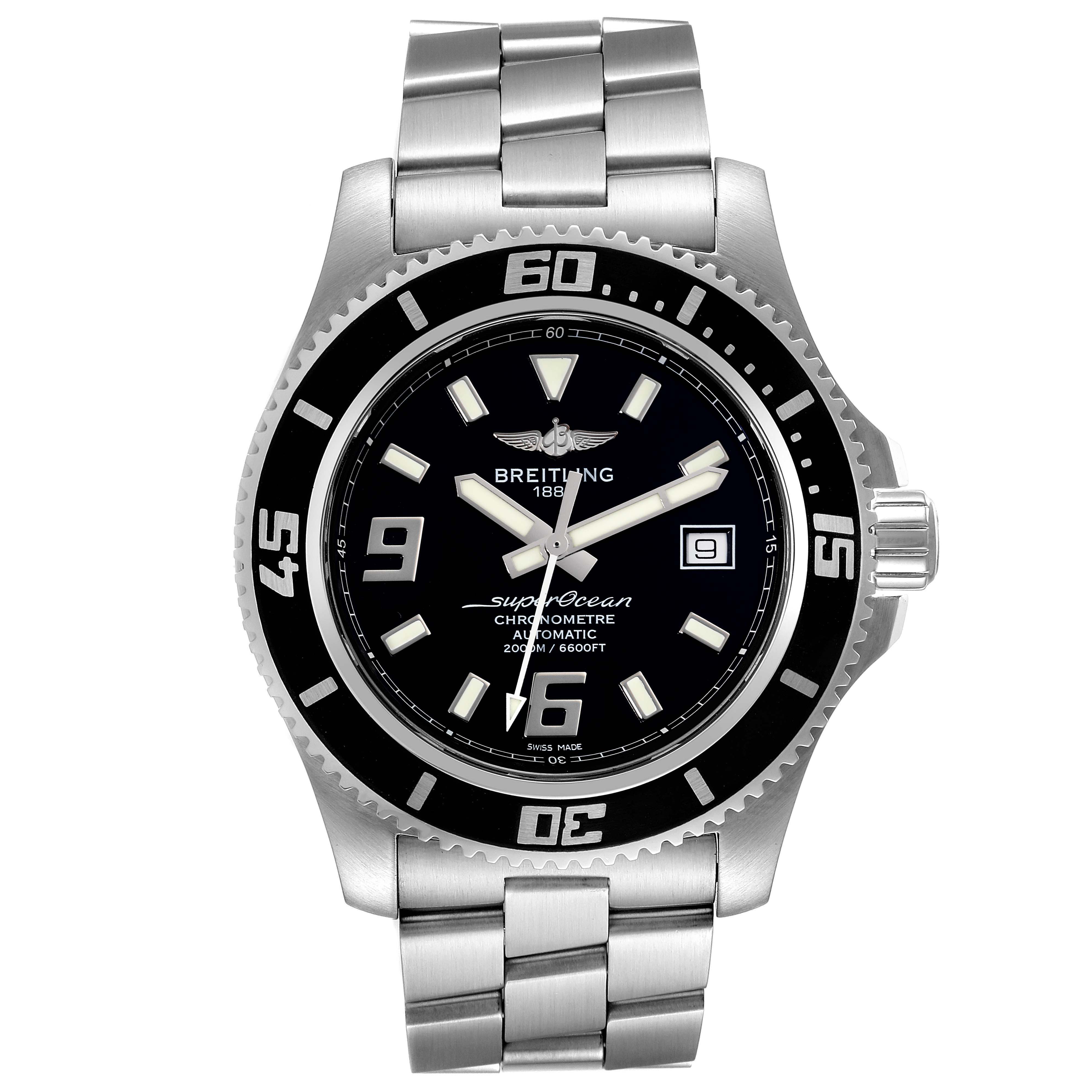 This image shows a Breitling Superocean A17391 Men's Stainless Steel Black Dial A17391 Men's Stainless Steel Black Dial watch from a front angle, highlighting the dial, bezel, crown, and stainless steel bracelet.