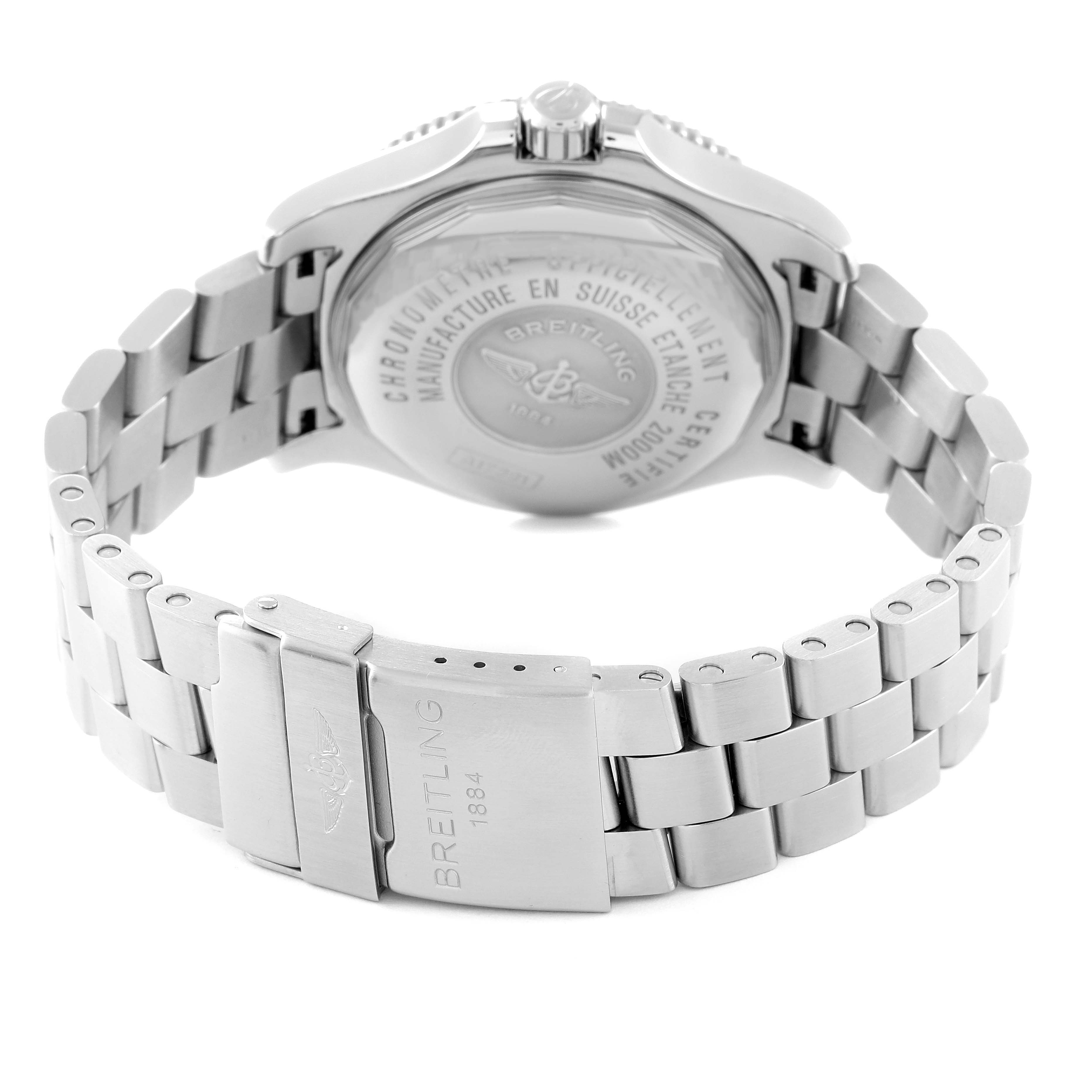 This image shows the back case and metal bracelet of the Breitling Superocean A17391 Men's Stainless Steel Black Dial A17391 Men's Stainless Steel Black Dial watch from a rear angle.