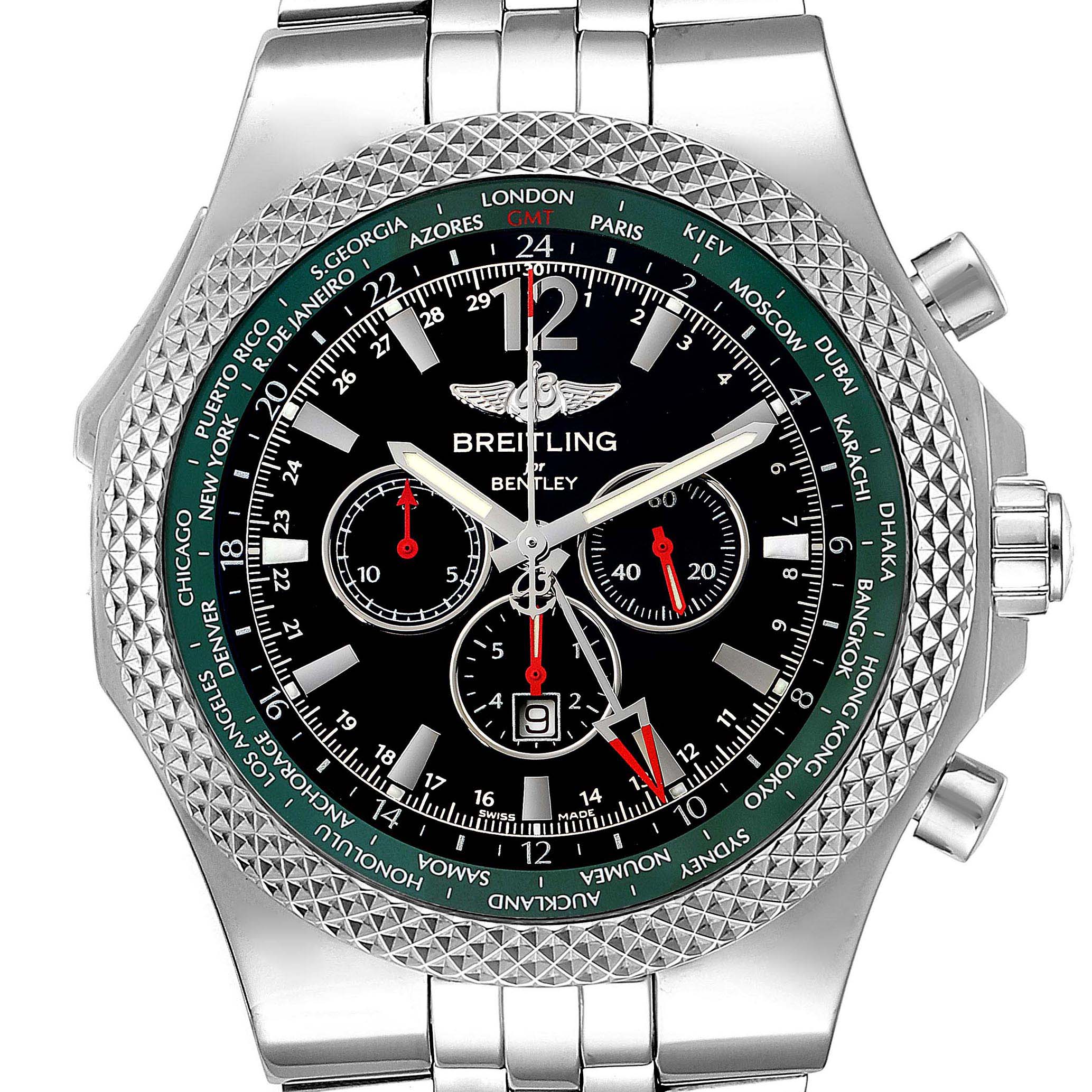 The Breitling Bentley A47362 Men's Stainless Steel Black Dial A47362 Men's Stainless Steel Black Dial watch is shown from the front, highlighting its face, bezel, and part of the metal band.