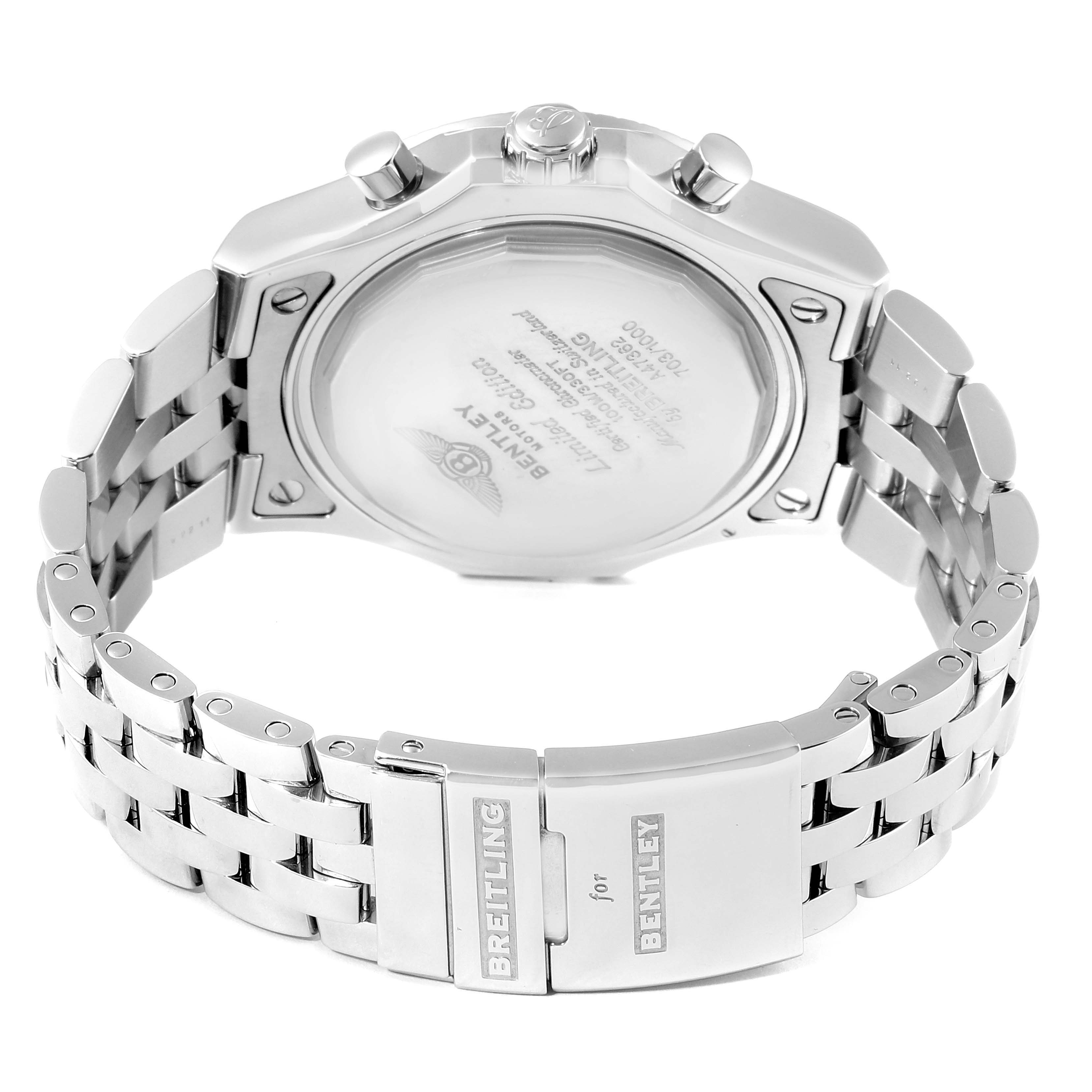 The image shows the back case and bracelet of a Breitling Bentley A47362 Men's Stainless Steel Black Dial A47362 Men's Stainless Steel Black Dial model watch from an angle focusing on the rear.