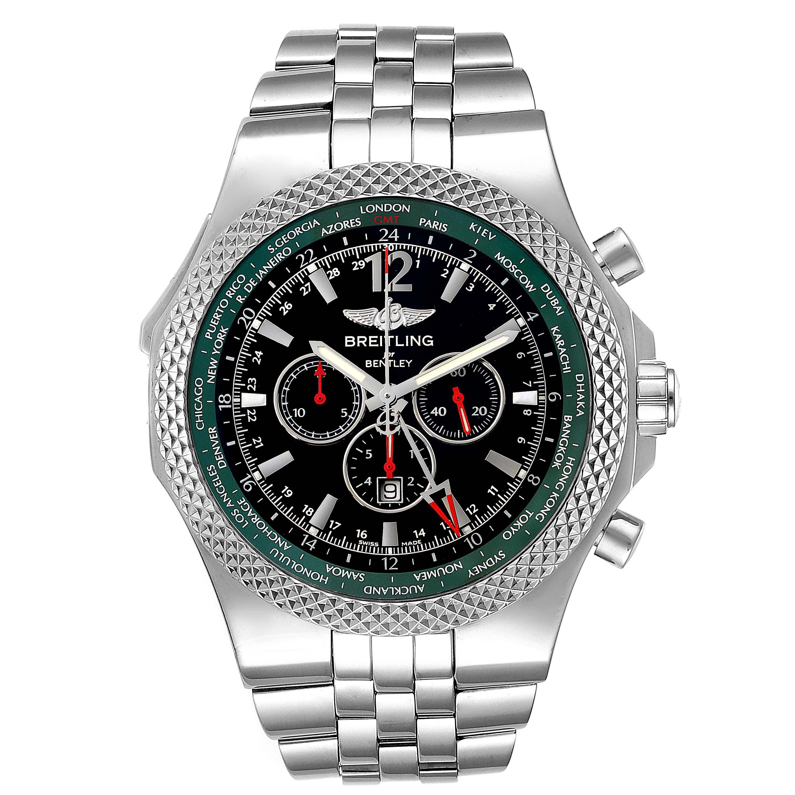 This is a front view of the Breitling Bentley A47362 Men's Stainless Steel Black Dial A47362 Men's Stainless Steel Black Dial watch, showcasing its dial, bezel, and stainless steel bracelet.