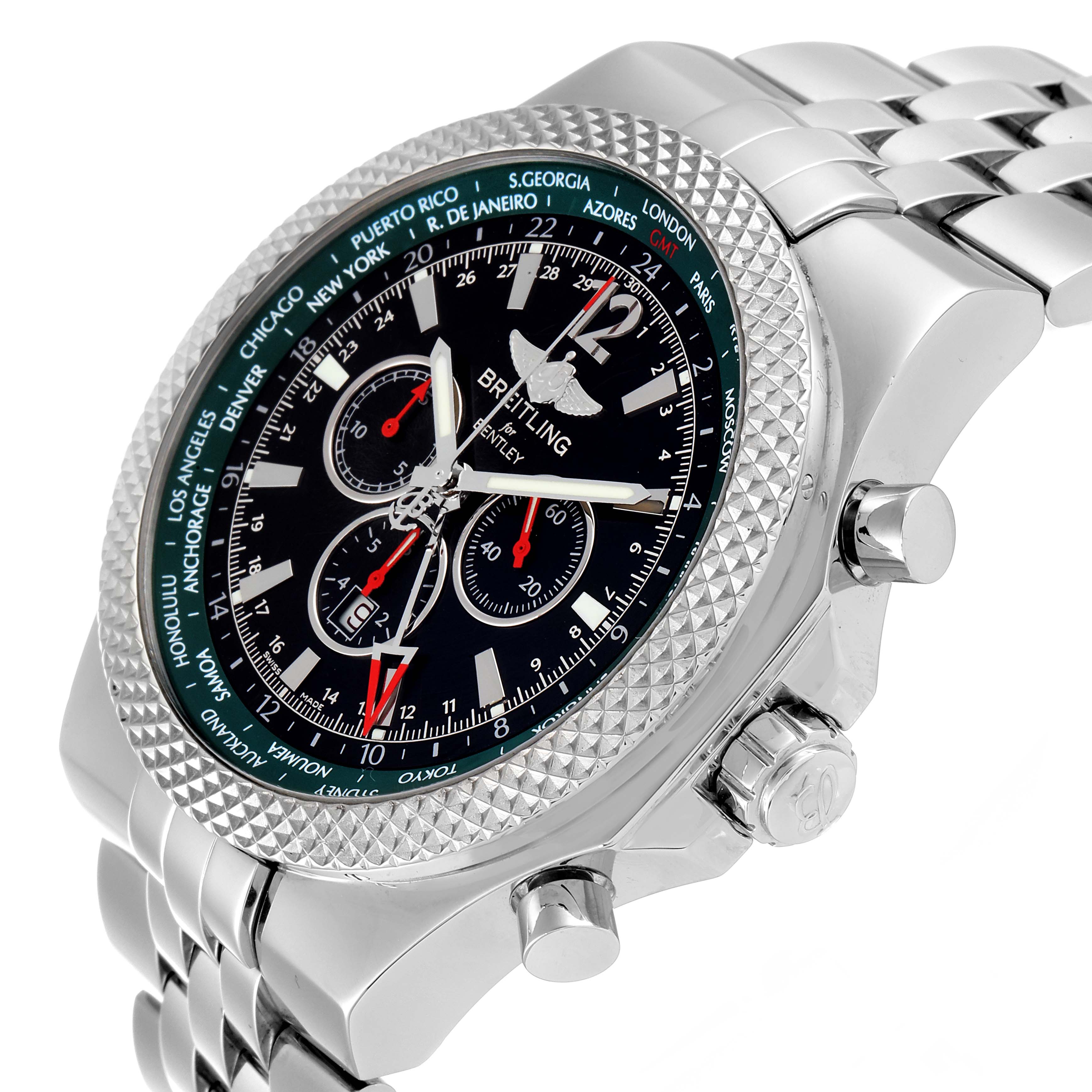 The Breitling Bentley A47362 Men's Stainless Steel Black Dial A47362 Men's Stainless Steel Black Dial watch is shown from a slight right-angle view, displaying the face, crown, pushers, and bracelet.