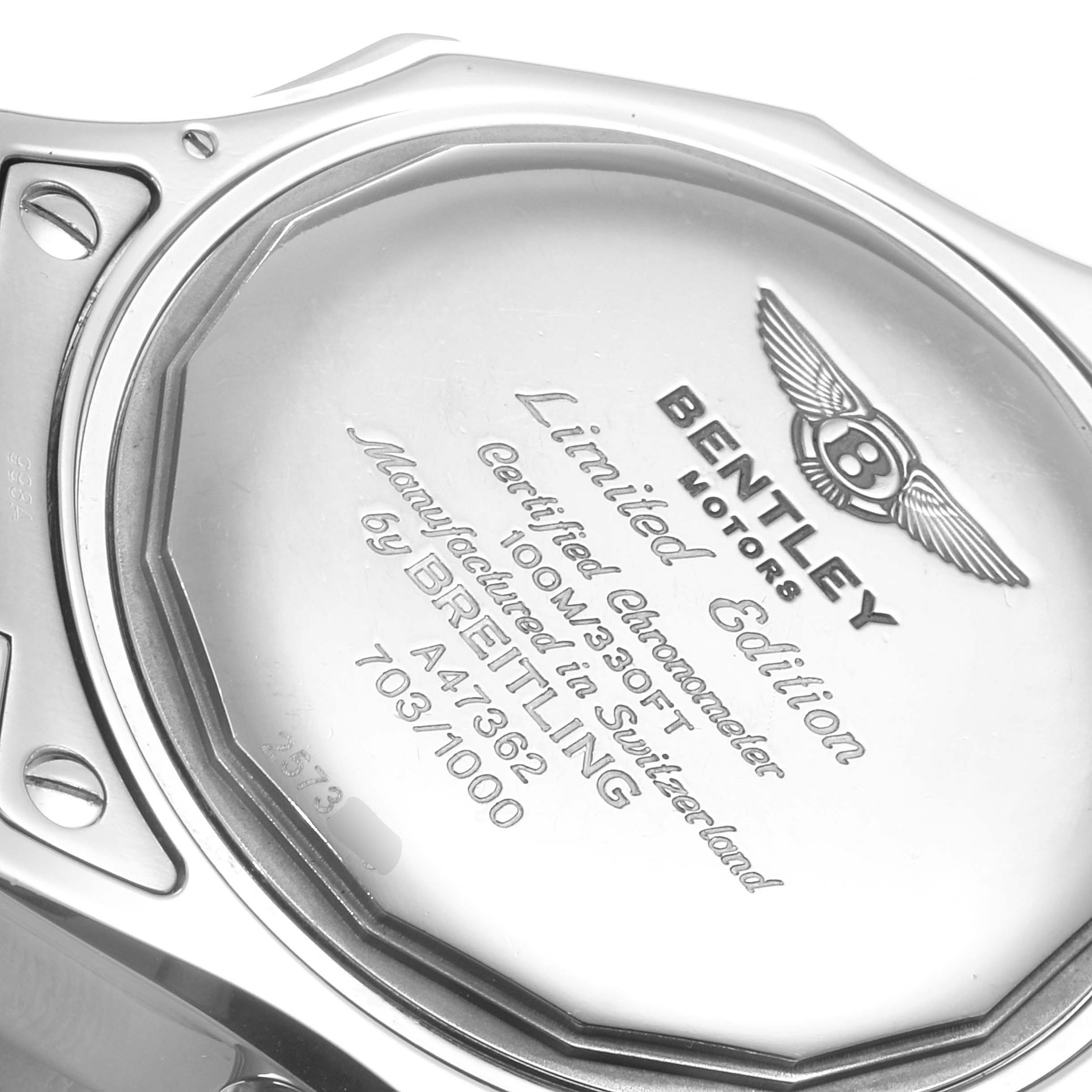 This image shows the back case of a Bentley model watch by Breitling, highlighting its limited edition engraving.