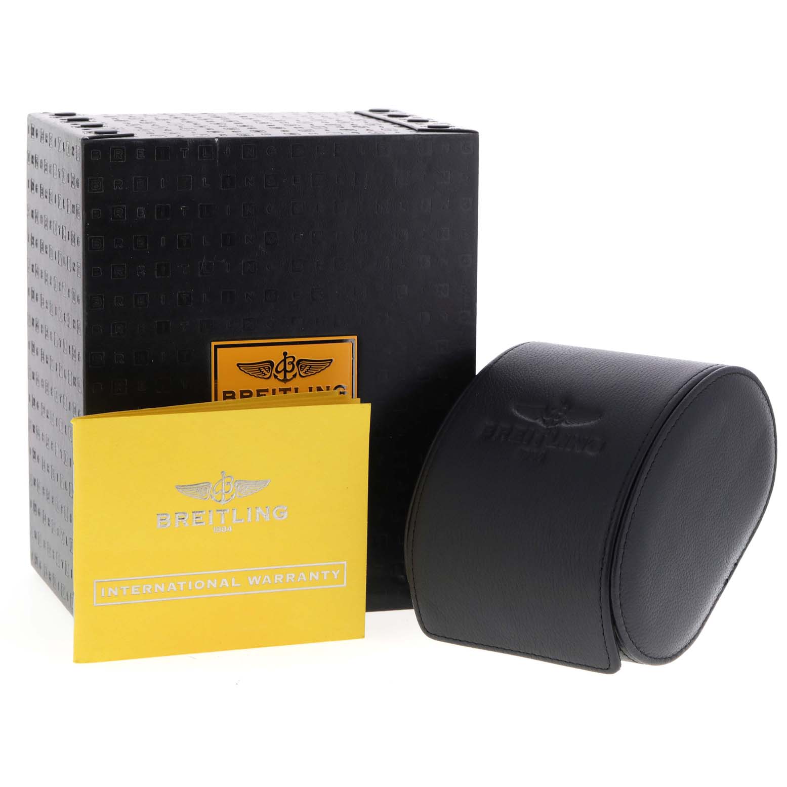 The image shows the packaging for a Breitling Bentley A47362 Men's Stainless Steel Black Dial A47362 Men's Stainless Steel Black Dial watch, including a black box, a black leather case, and a yellow international warranty card.