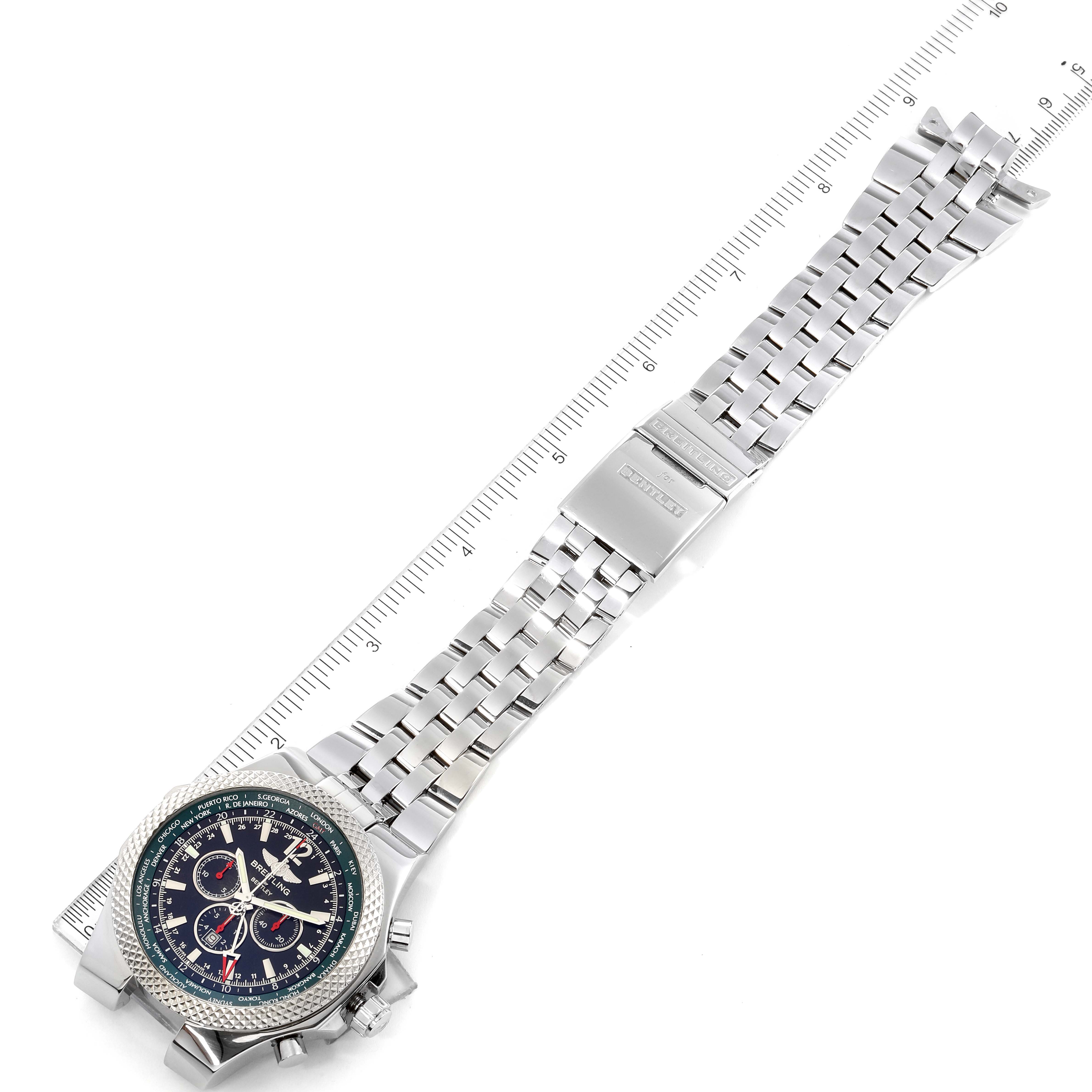 The image shows a top-down view of a Breitling Bentley A47362 Men's Stainless Steel Black Dial A47362 Men's Stainless Steel Black Dial watch with its bracelet fully extended next to a ruler.