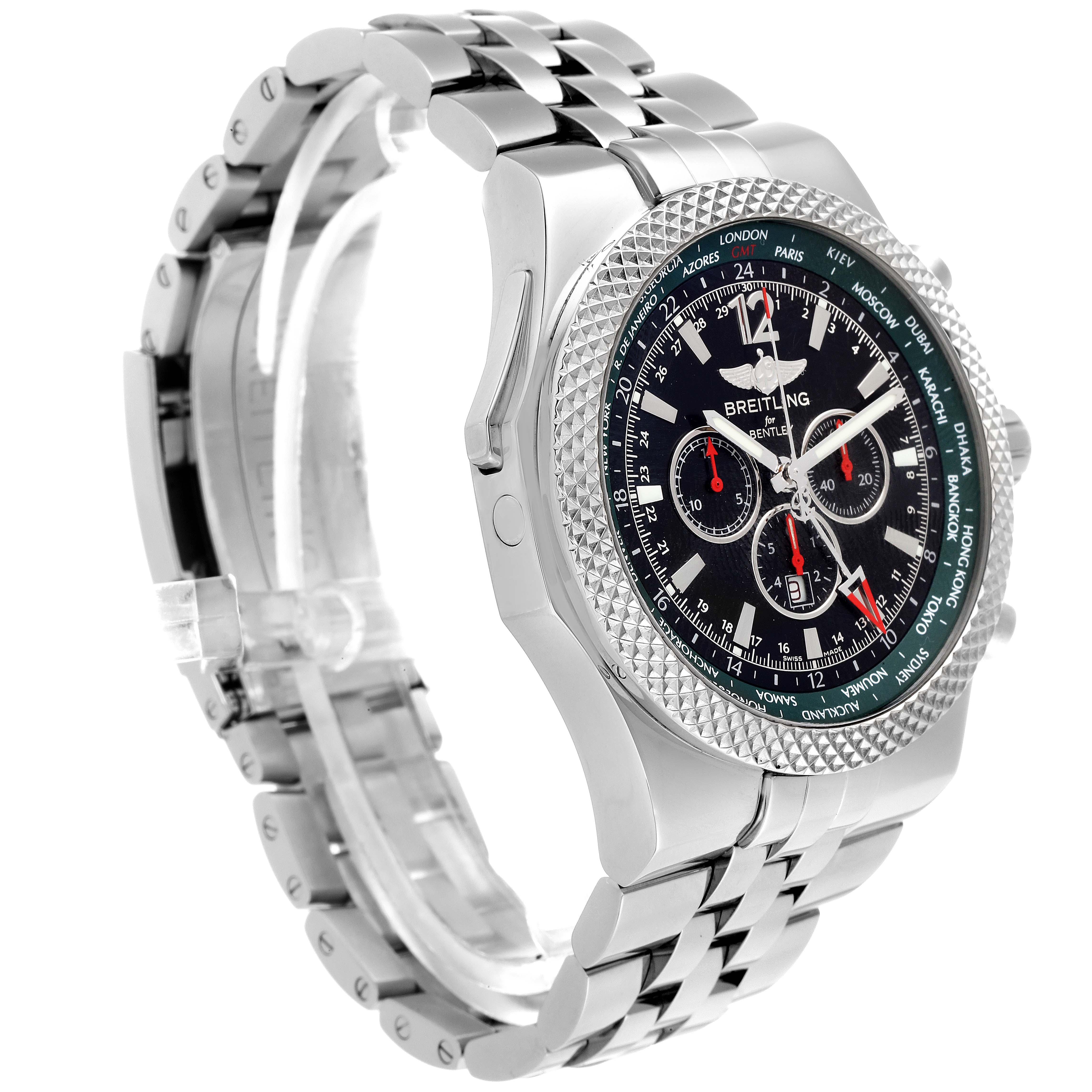 The image shows a side-angle view of the Breitling Bentley A47362 Men's Stainless Steel Black Dial A47362 Men's Stainless Steel Black Dial watch, highlighting its face, bezel, and metal bracelet.