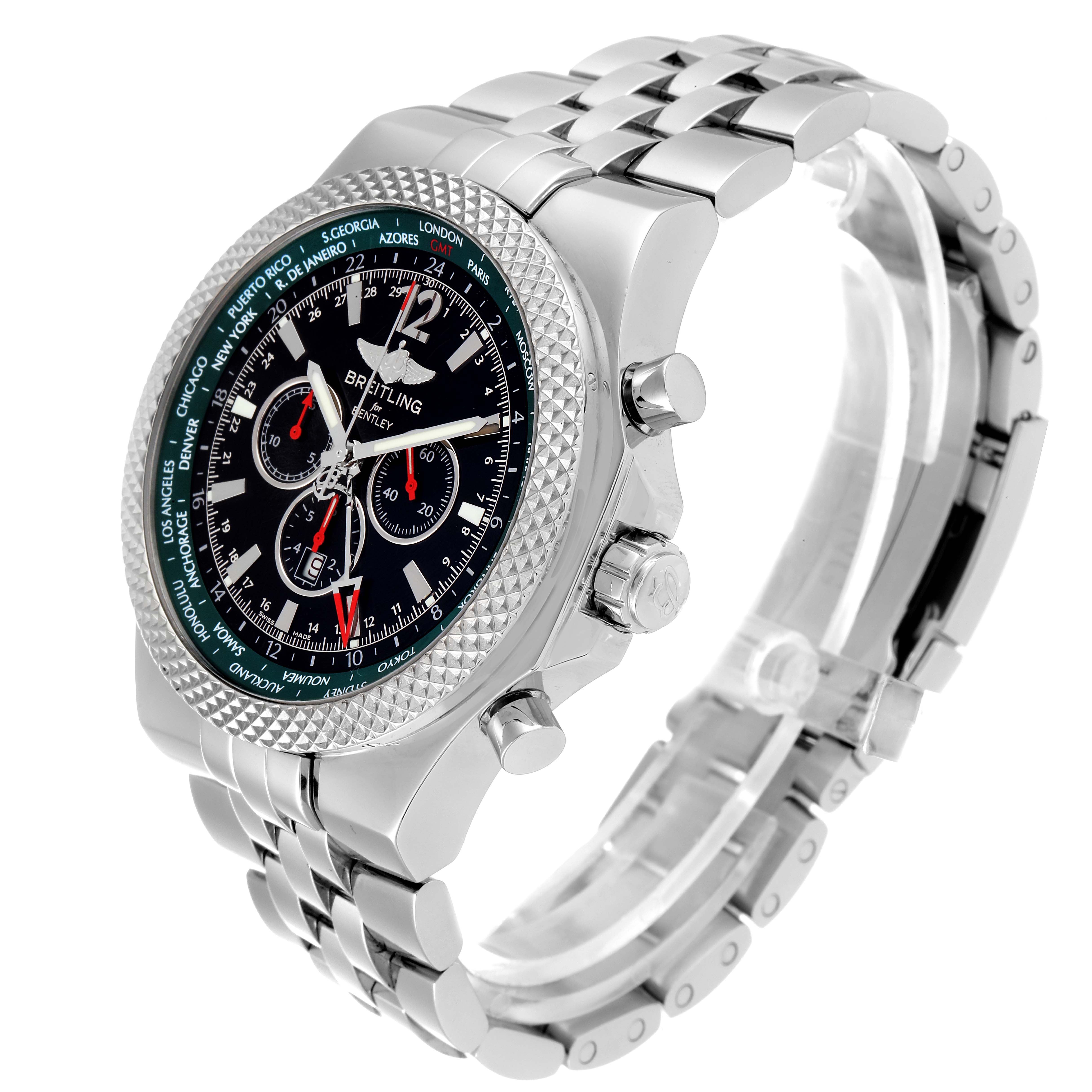 The Bentley model by Breitling is shown at a three-quarter angle, focusing on the watch face, case, and bracelet.