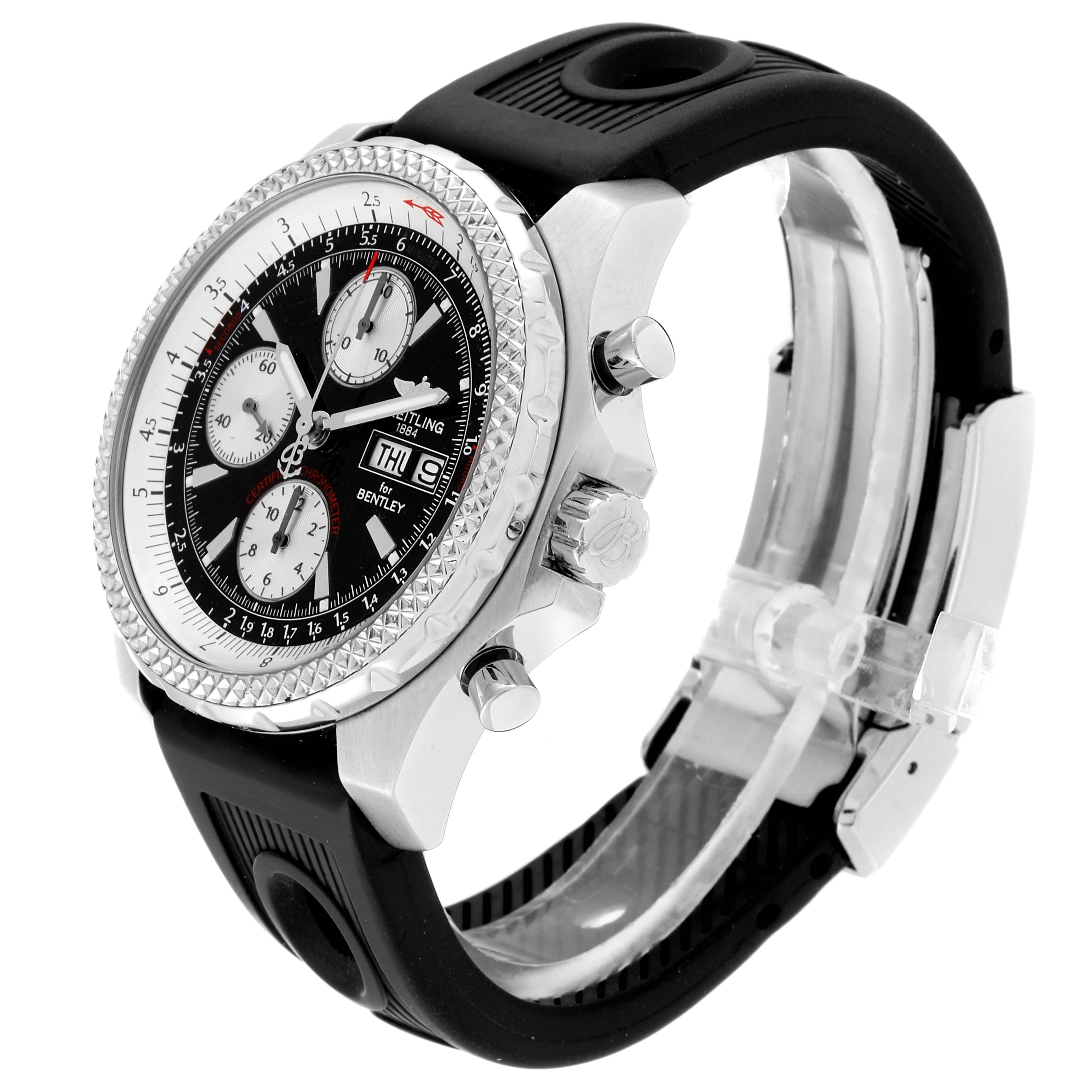 The Bentley model by Breitling is shown at an angled side view, highlighting the dial, bezel, crown, pushers, and rubber strap.