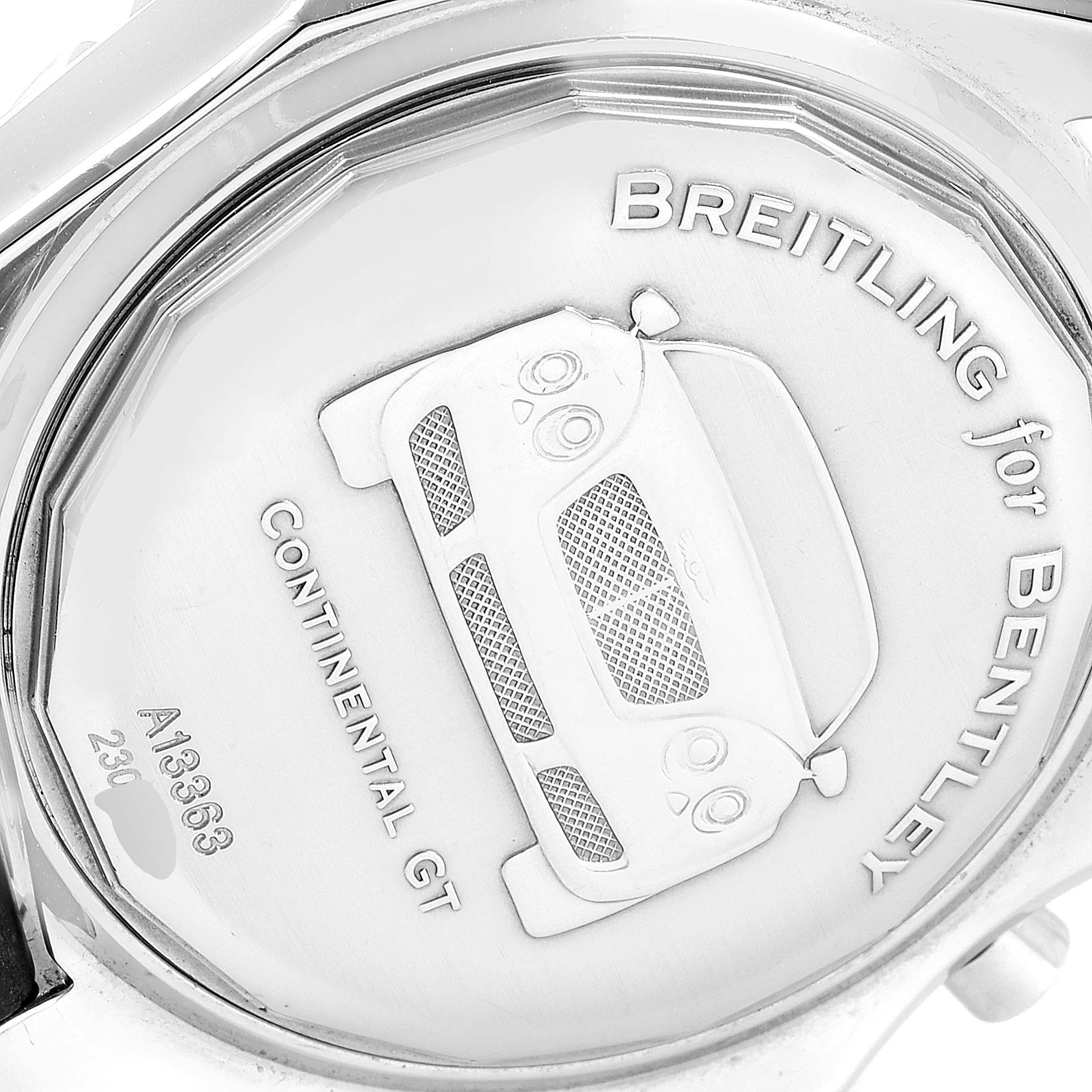 This image shows the engraved back case of the Bentley model watch by Breitling.