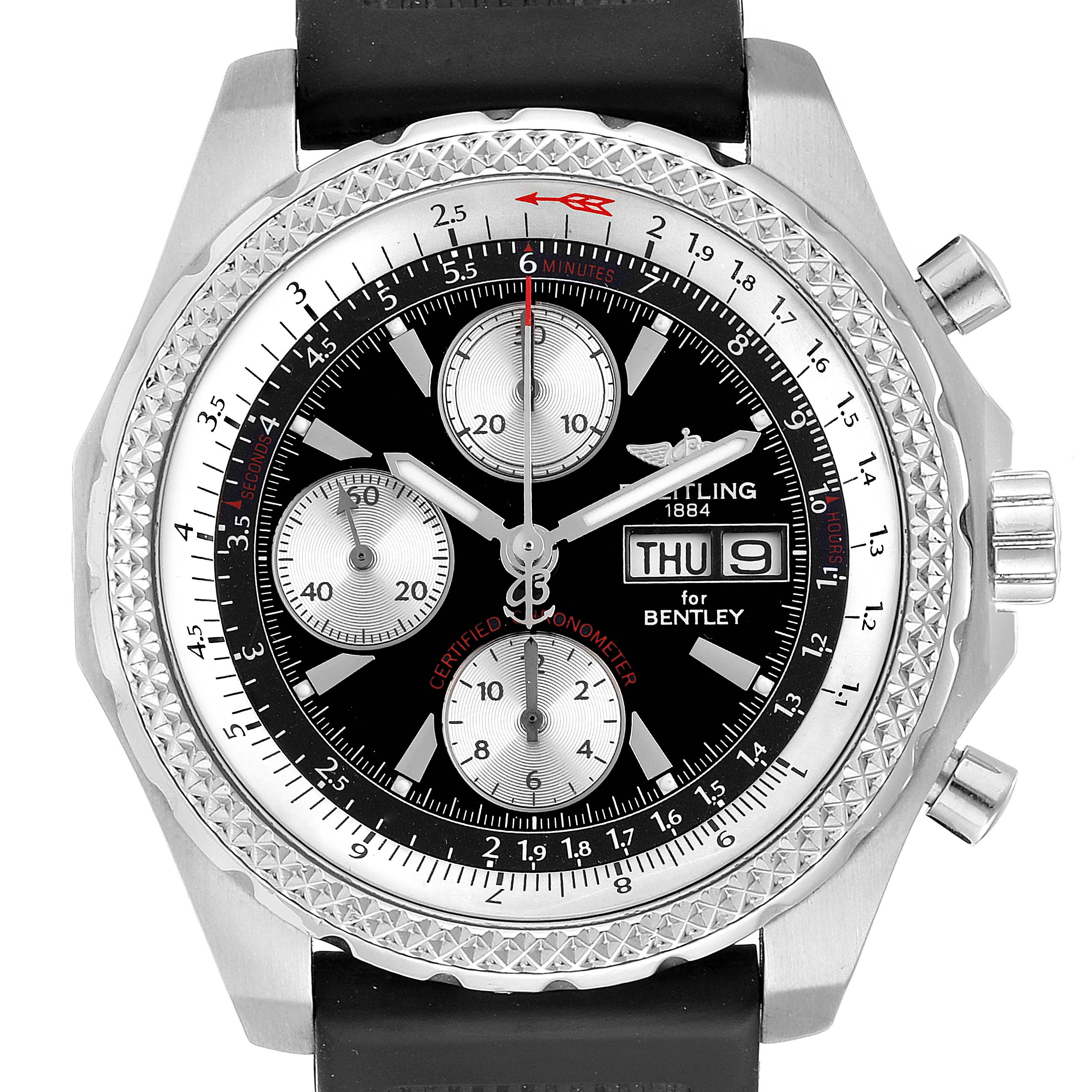 The image shows a front view of the Breitling Bentley A13363 Men's Stainless Steel Black Dial A13363 Men's Stainless Steel Black Dial model watch, highlighting its face, subdials, bezel, and crown.
