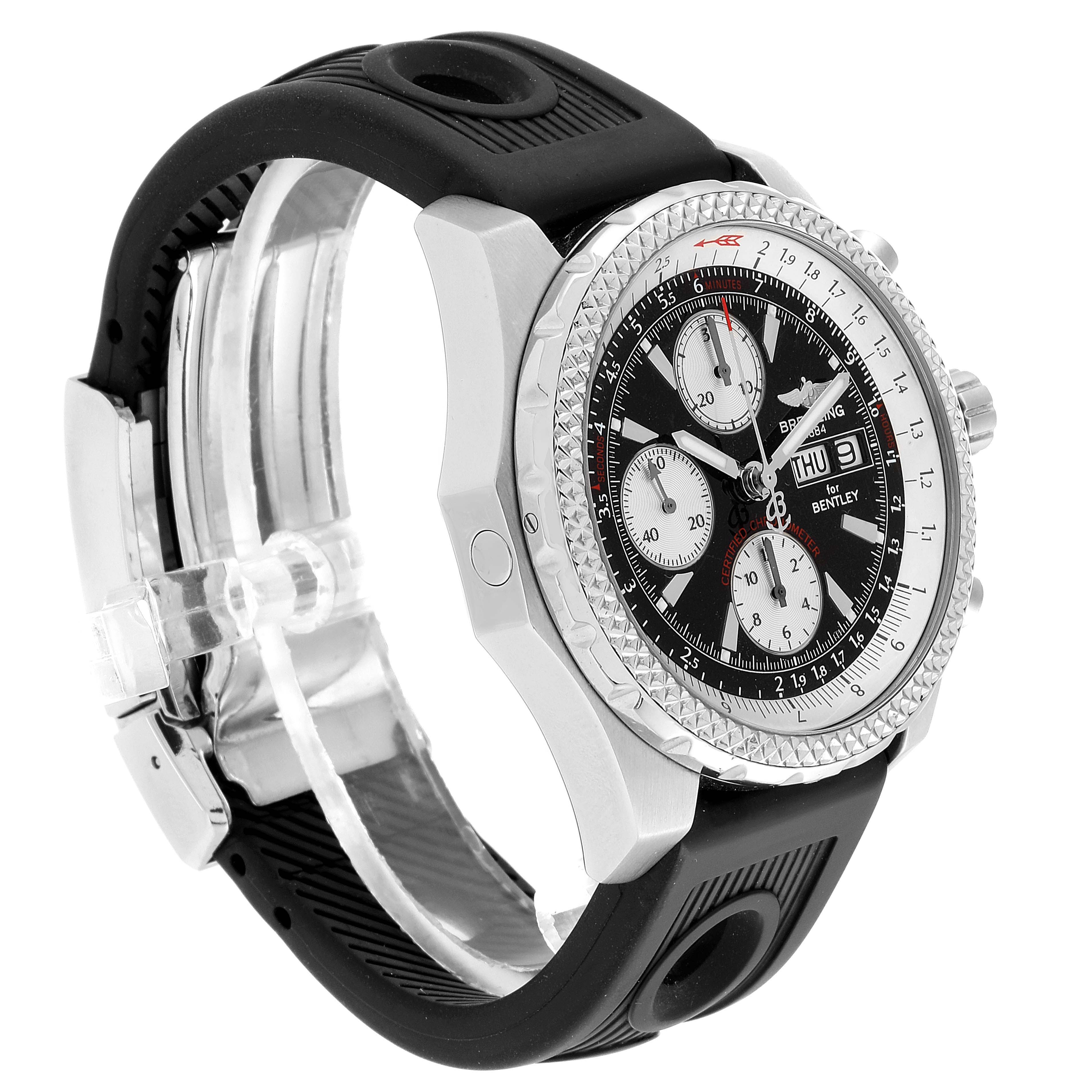 The image shows a side view of the Breitling Bentley A13363 Men's Stainless Steel Black Dial A13363 Men's Stainless Steel Black Dial watch, highlighting its case, bezel, dial, and strap.