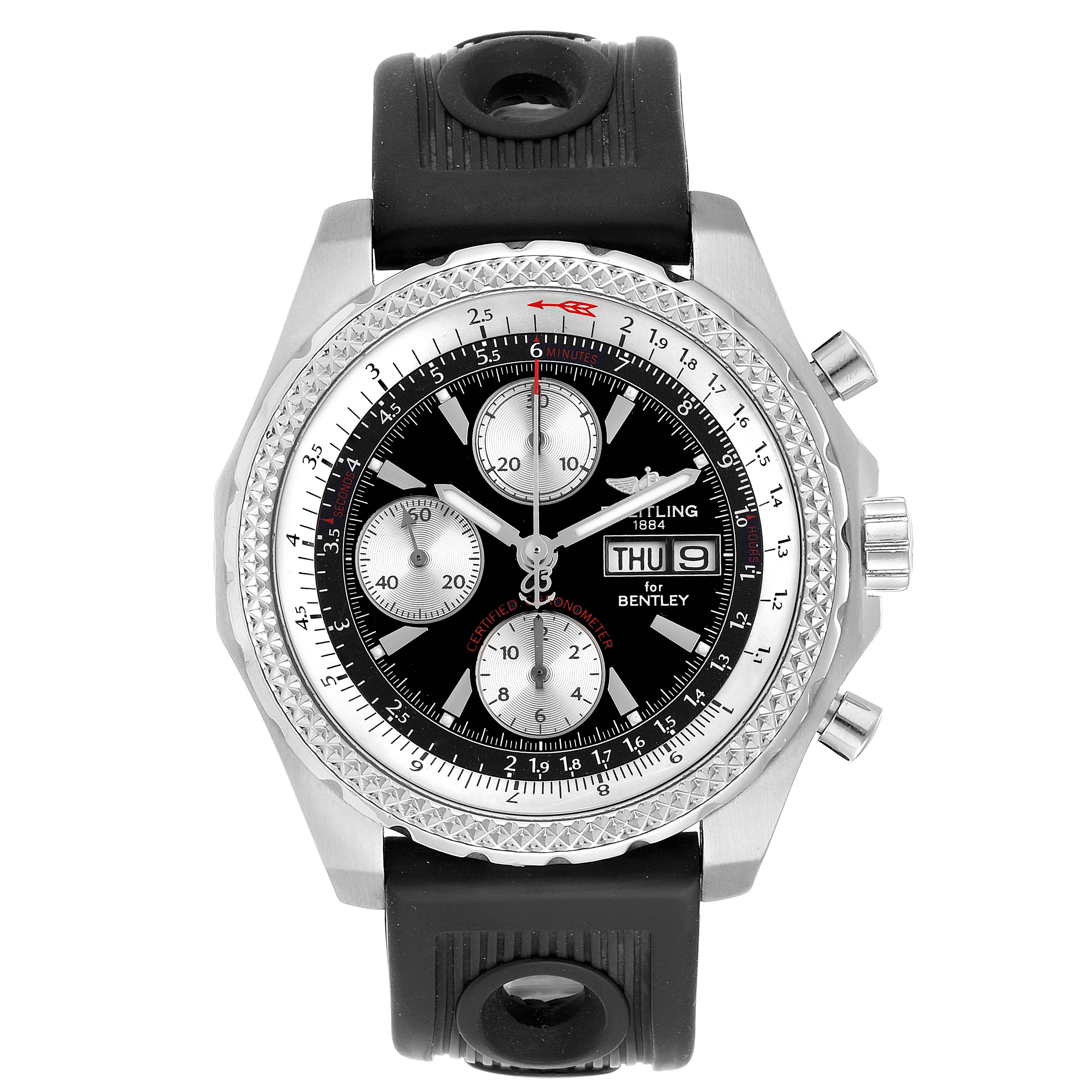 The Breitling Bentley A13363 Men's Stainless Steel Black Dial A13363 Men's Stainless Steel Black Dial watch is shown from a front angle, featuring its face, bezel, chronograph dials, and rubber strap.
