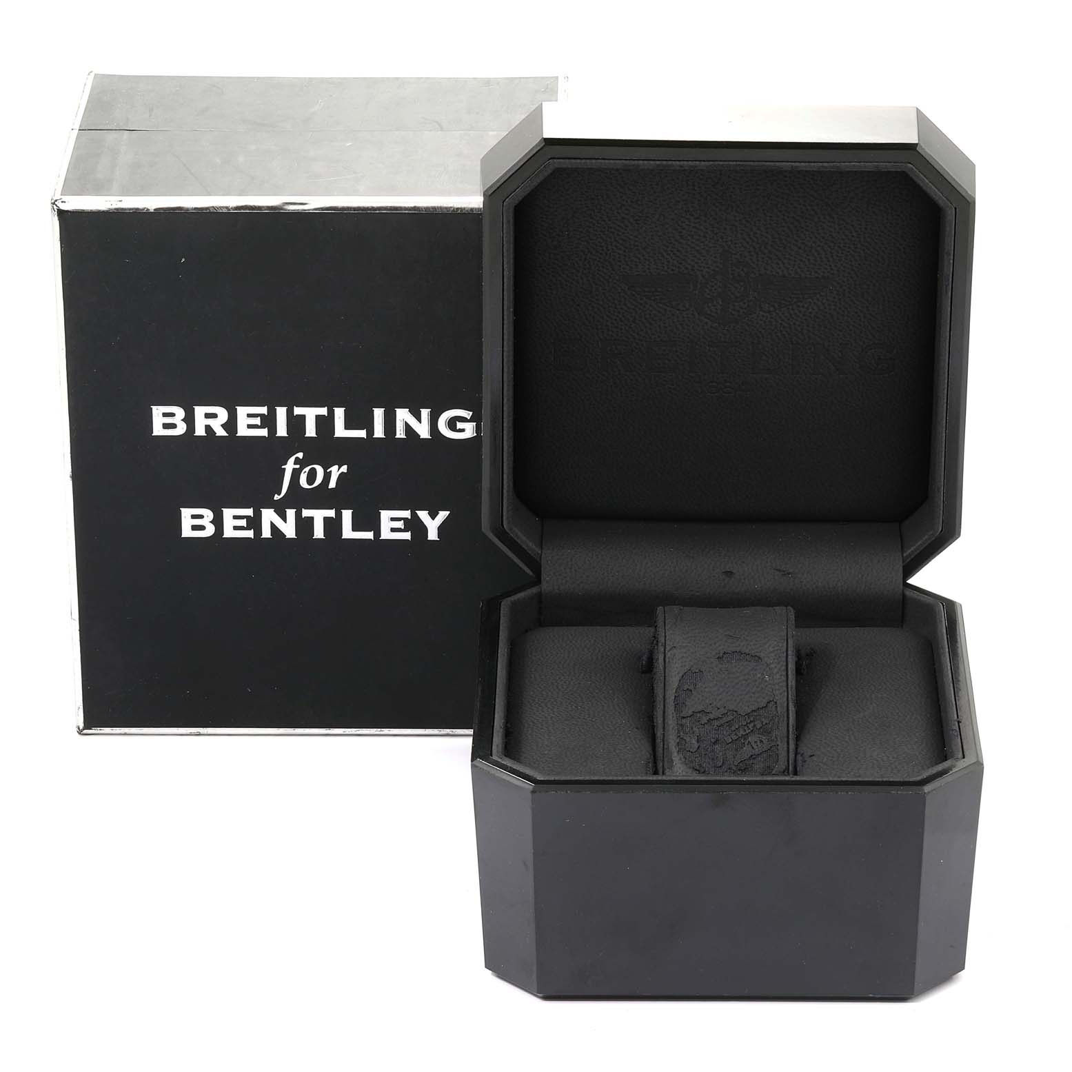 This image shows the opened watch box and outer packaging for a Breitling Bentley A13363 Men's Stainless Steel Black Dial A13363 Men's Stainless Steel Black Dial model watch.