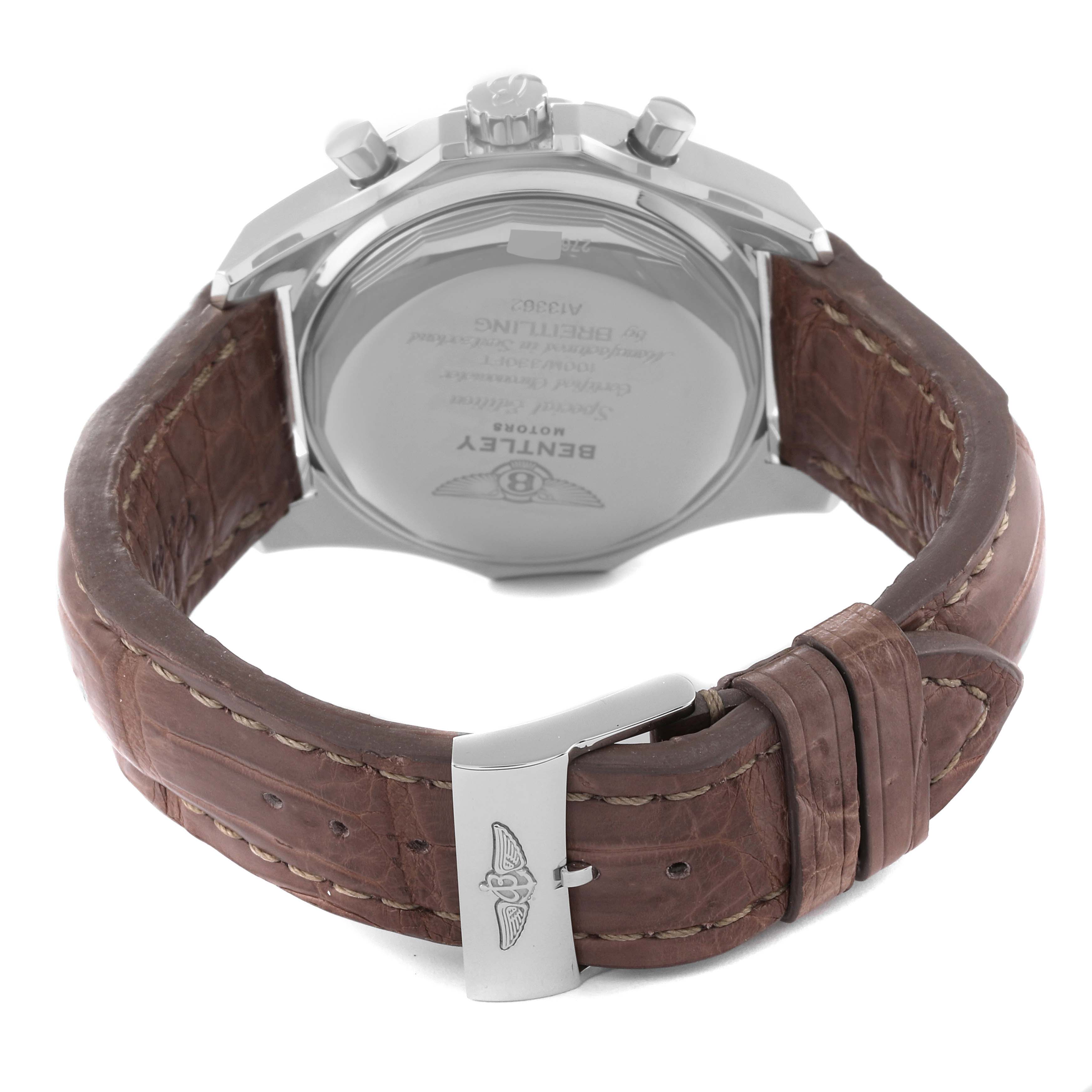 The image shows the back view of a Bentley model Breitling watch, highlighting the watch's case back, leather strap, and buckle.
