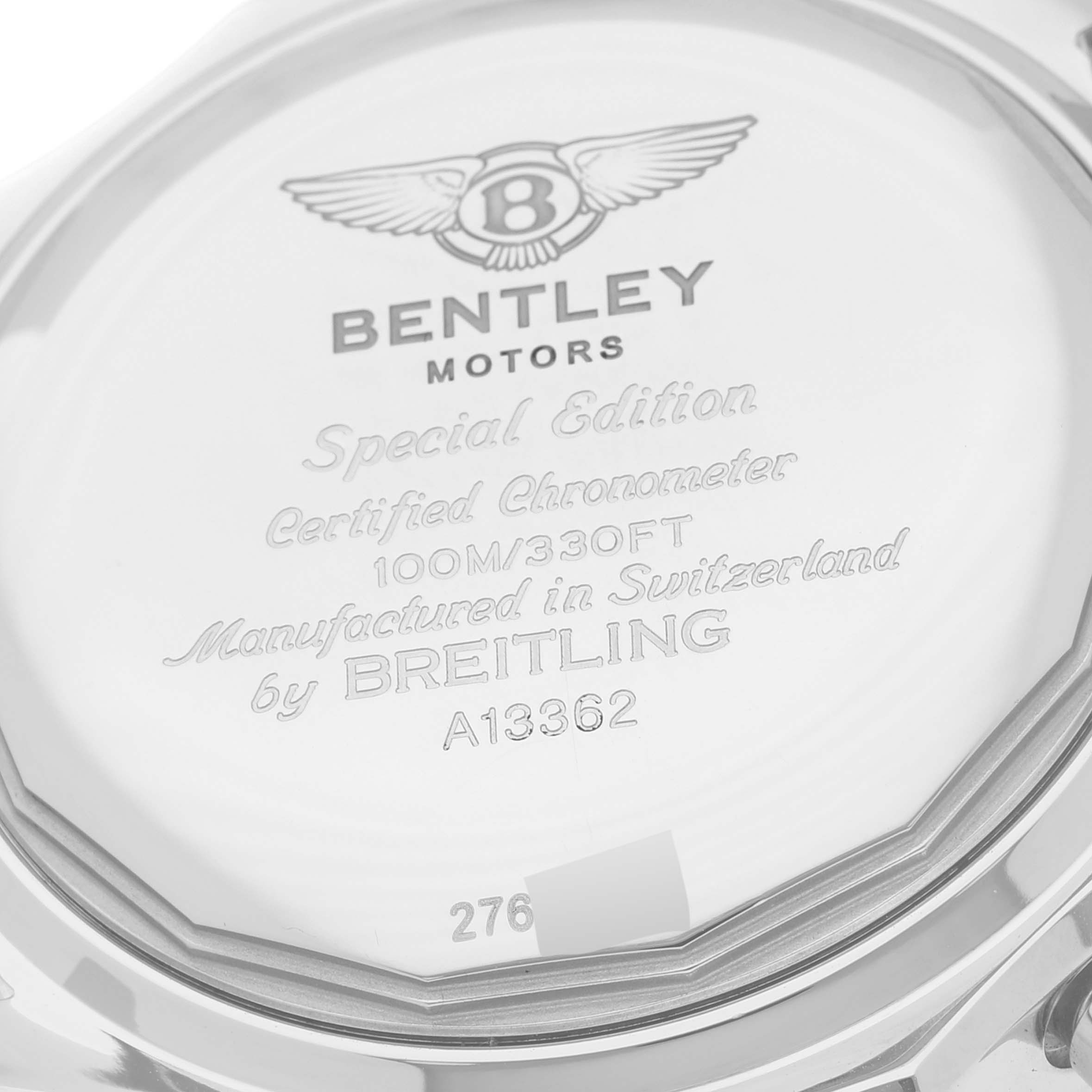 The image shows the back case of a Breitling Bentley A13362 Men's Stainless Steel Mother of Pearl Dial A13362 Men's Stainless Steel Mother of Pearl Dial watch, highlighting its engravings.