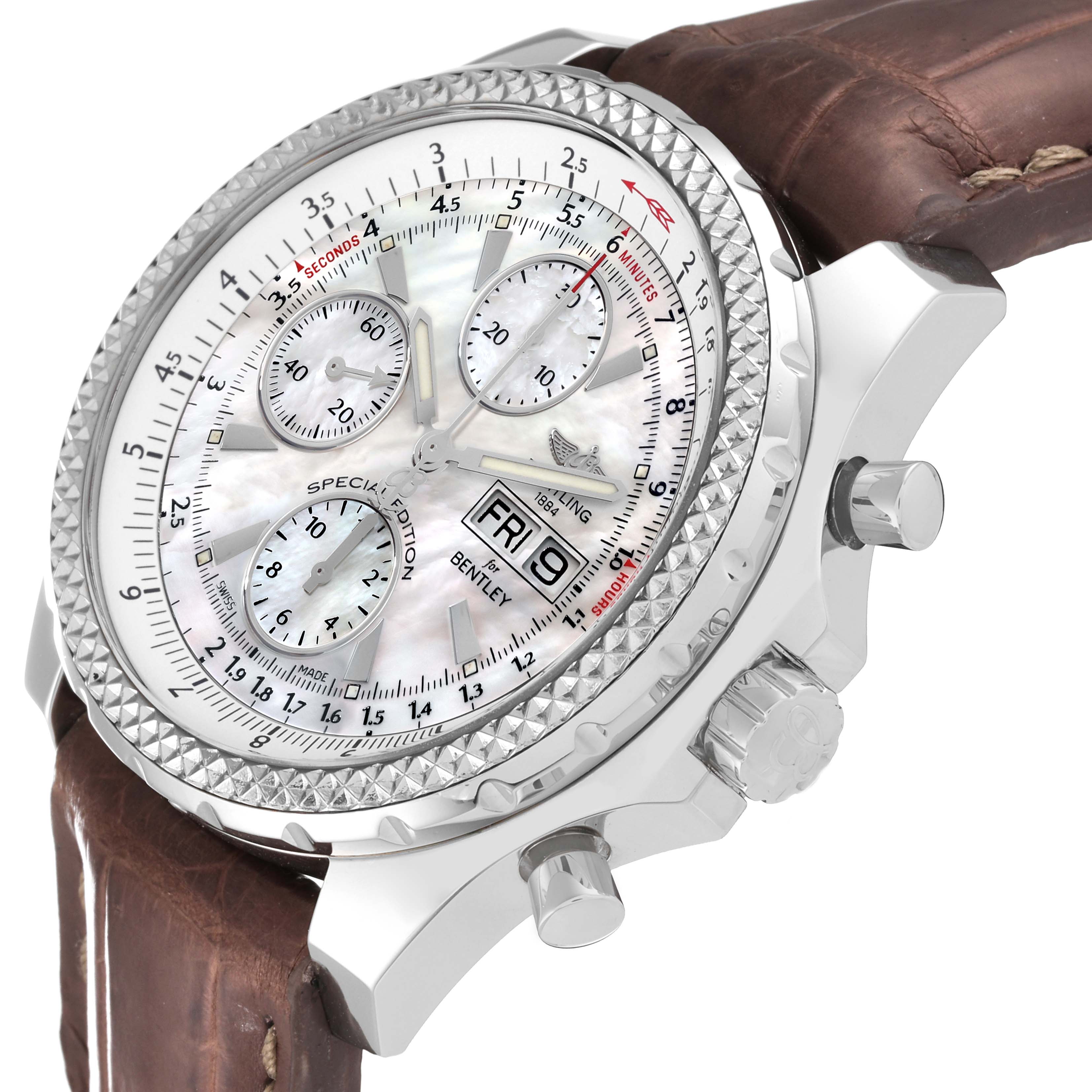 The image shows a Breitling Bentley A13362 Men's Stainless Steel Mother of Pearl Dial A13362 Men's Stainless Steel Mother of Pearl Dial watch at an angle highlighting the dial, bezel, crown, and leather strap.